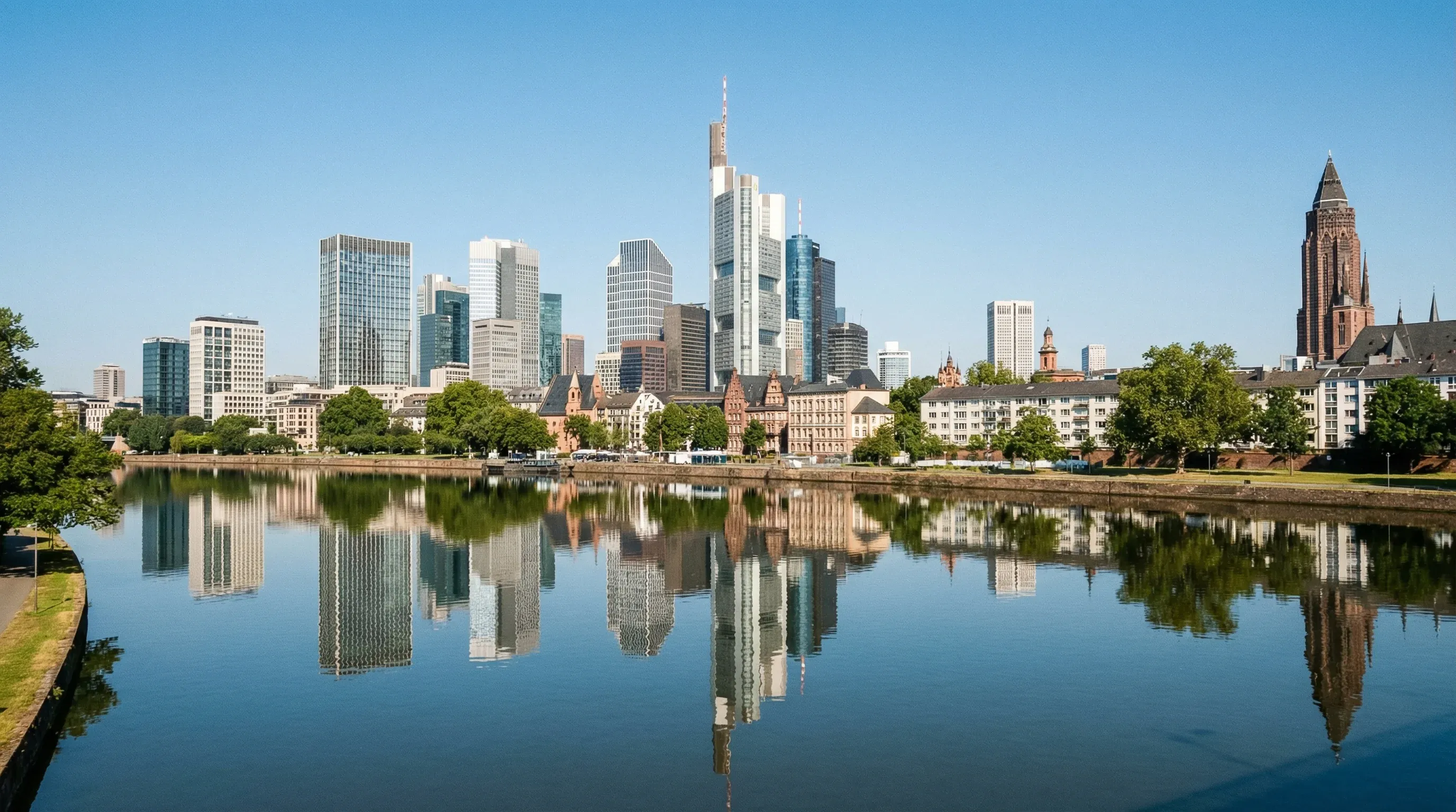 The modern skyscraper skyline of Frankfurt am Main viewed across the water of the Main River.