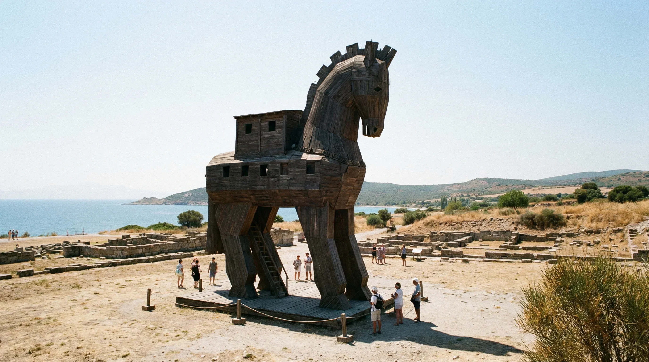 A large wooden horse statue stands on the grassy grounds of the ancient archaeological site of Troy.
