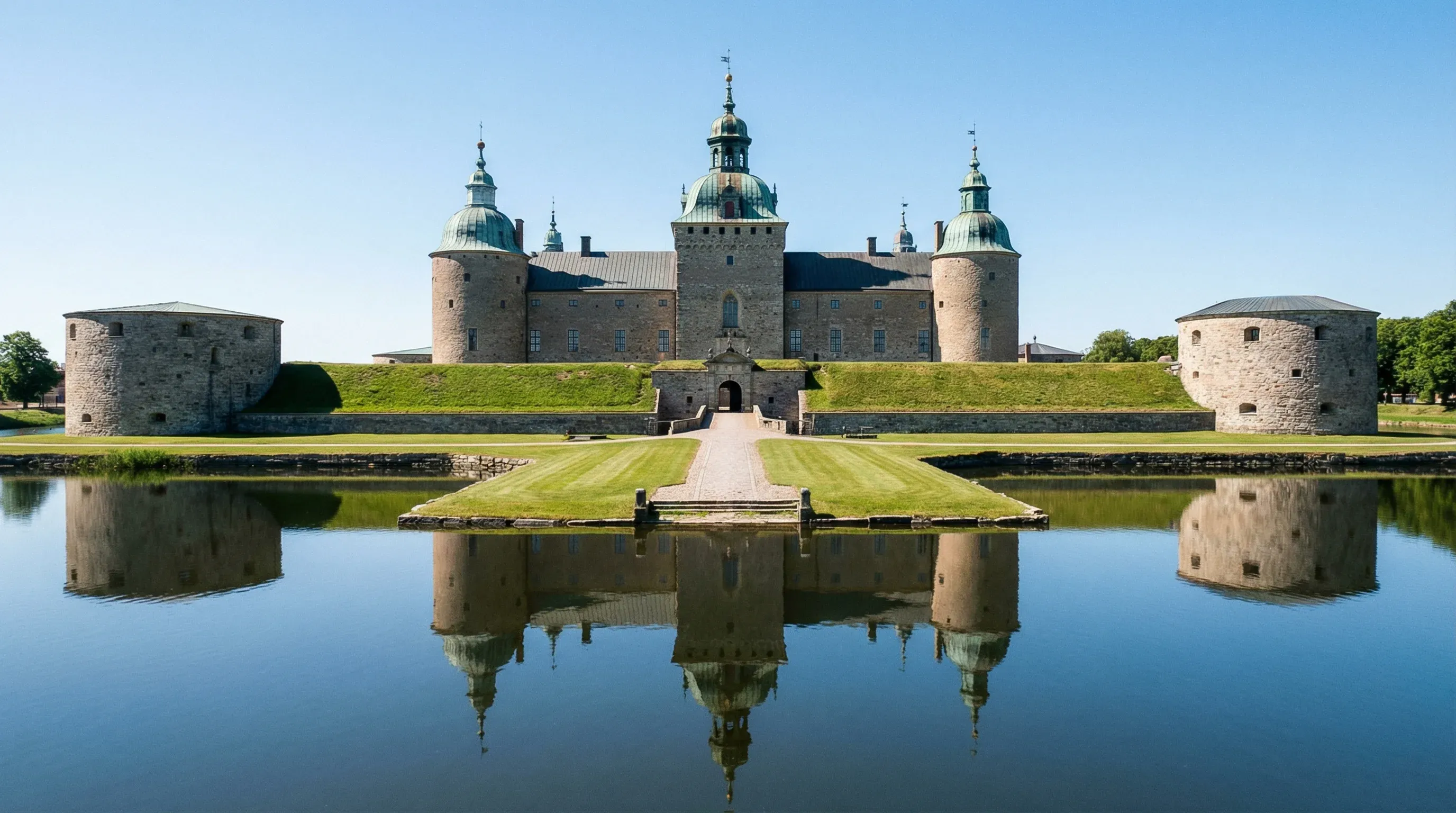 A historic stone castle with round towers and green turrets surrounded by a water-filled moat.