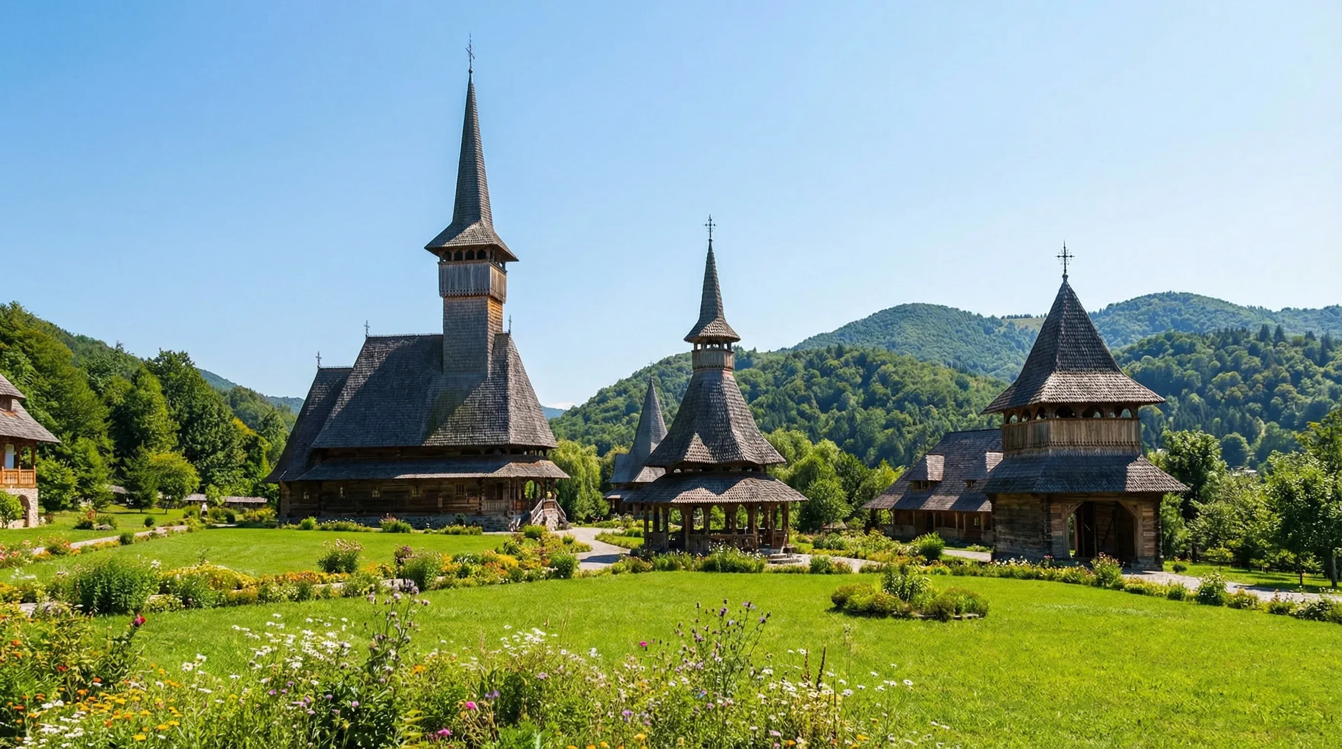 Traditional tall wooden churches of the Bârsana Monastery in Maramureș surrounded by green hills.