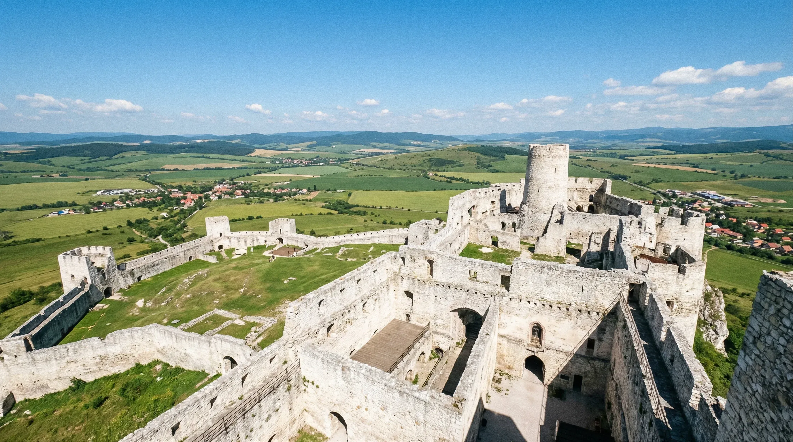 The massive stone ruins of a medieval castle complex stretching across the top of a large green hill.