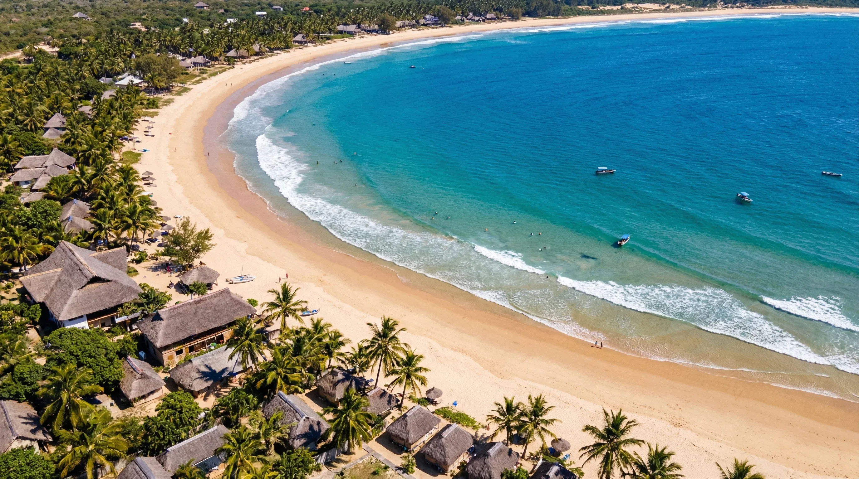 A wide crescent-shaped golden sand beach with palm trees and thatched buildings at Tofo Beach, Mozambique.