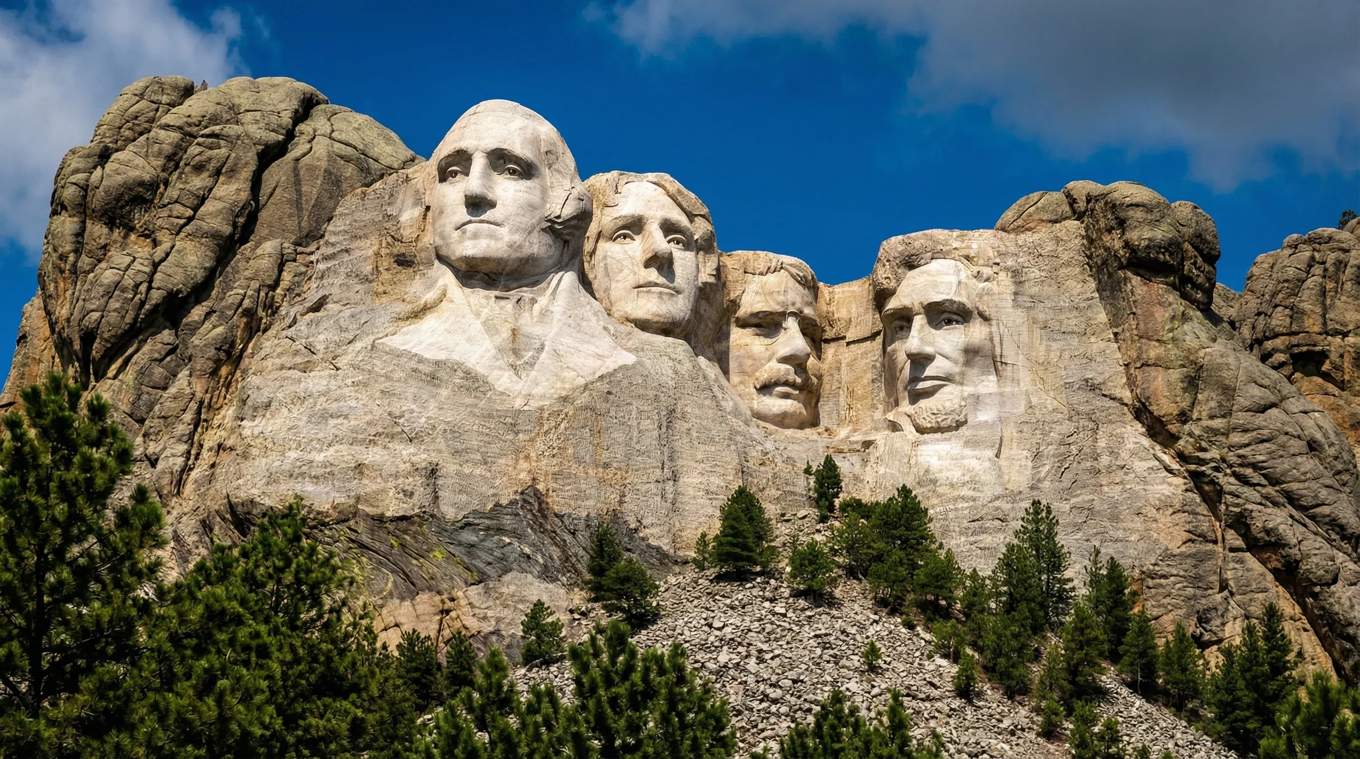 The granite carvings of four U.S. presidents on Mount Rushmore in South Dakota under a bright sky.