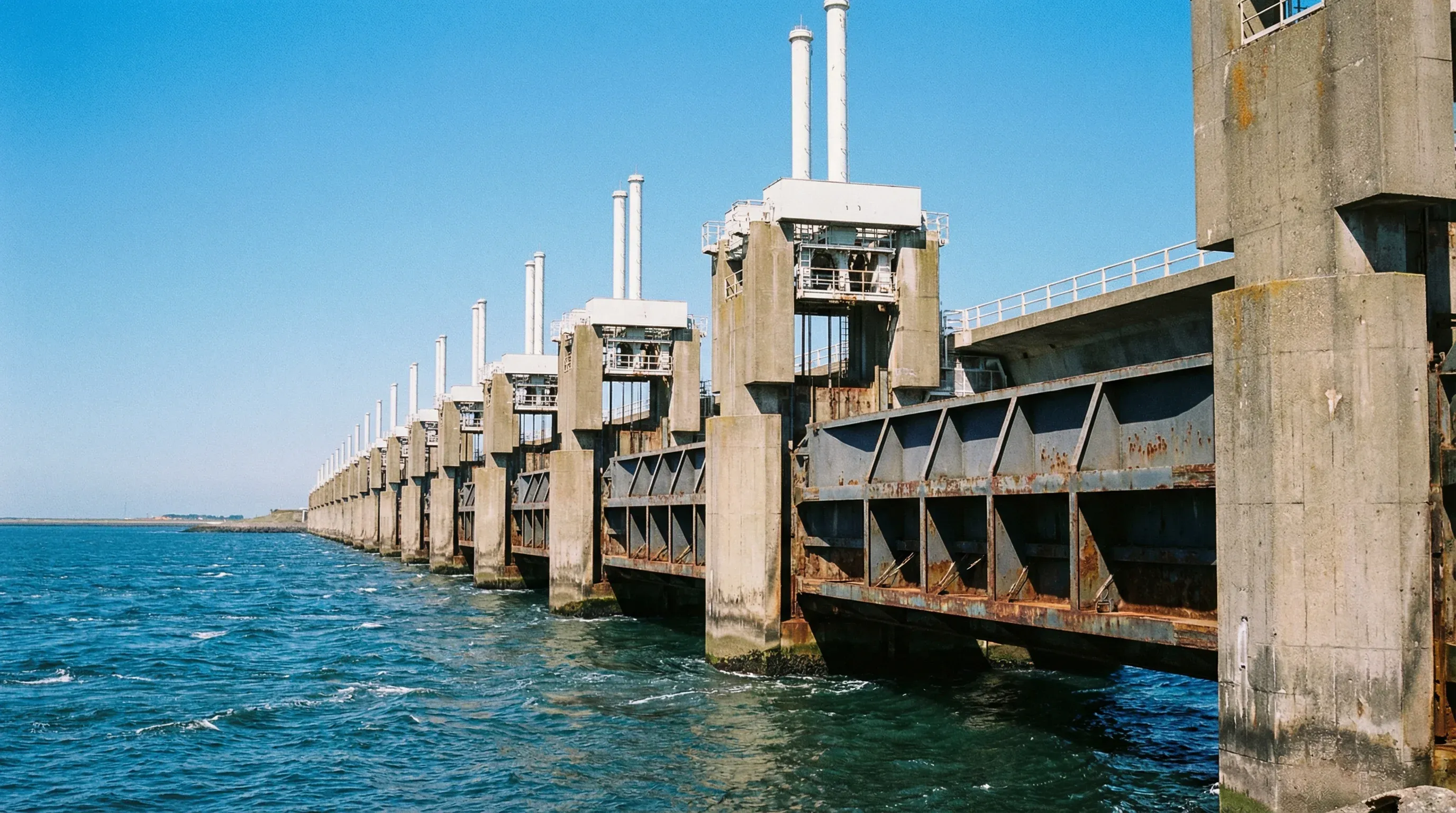 The massive concrete and steel pillars of the Oosterscheldekering storm surge barrier in Zeeland.