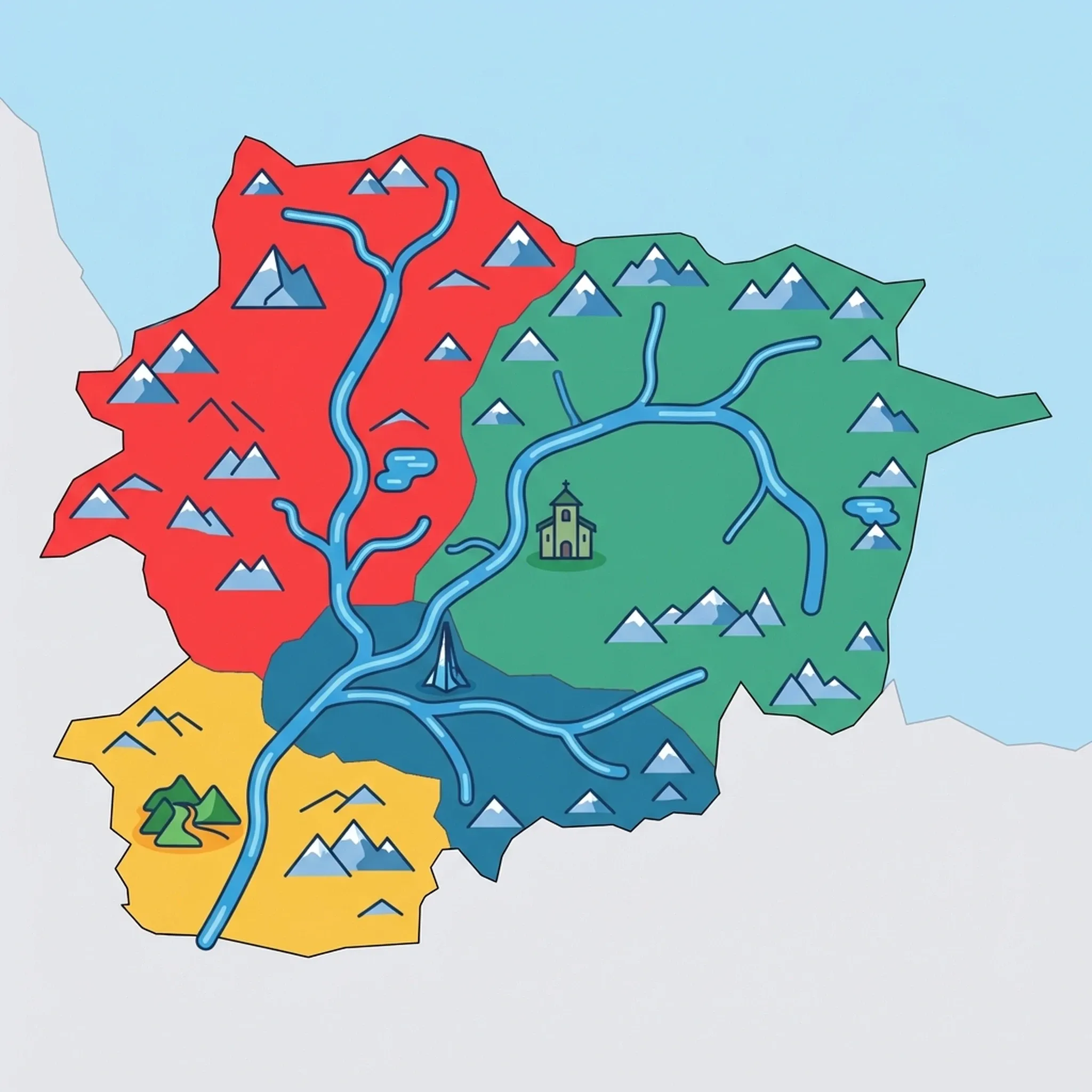 Colourful illustrated map of Andorra showing 4 tourist regions including Grandvalira: Canillo & Encamp Valleys, Vallnord: La Massana & Ordino Valleys, and Sant Julià de Lòria & Southern Valleys, decorated with iconic landmarks like Sanctuary of Meritxell, Comapedrosa Peak, Naturland Tobotronc, and Caldea Thermal Spa Spire, with geographic features including Pyrenees Mountains, Valira River, Comapedrosa Peak, and Madriu-Perafita-Claror Valley.