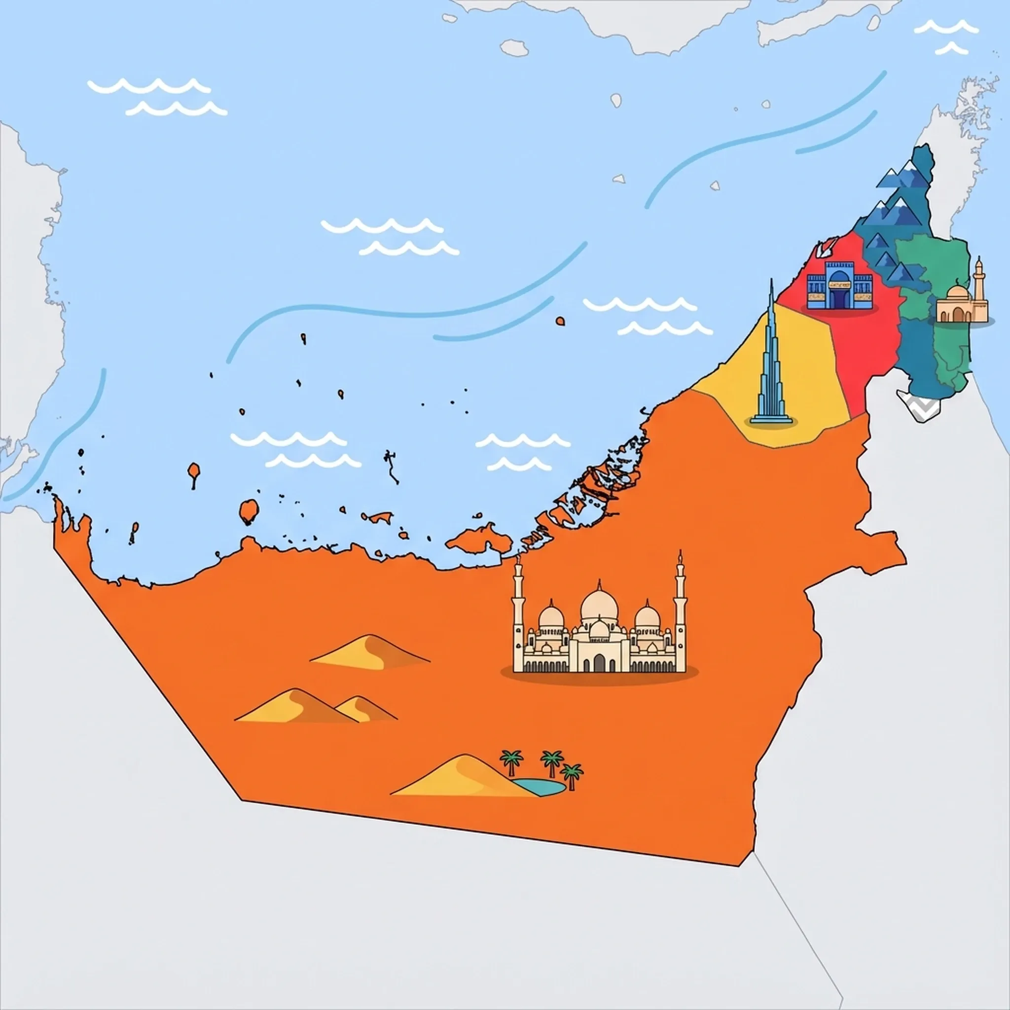 Colourful illustrated map of United Arab Emirates showing 5 tourist regions including Ras Al Khaimah, Fujairah & East Coast, and Abu Dhabi, decorated with iconic landmarks like Jebel Jais Peak, Al Bidyah Mosque, Sheikh Zayed Grand Mosque, The Blue Souk, and Burj Khalifa, with geographic features including Rub' al Khali, Hajar Mountains, Persian Gulf, and Gulf of Oman.