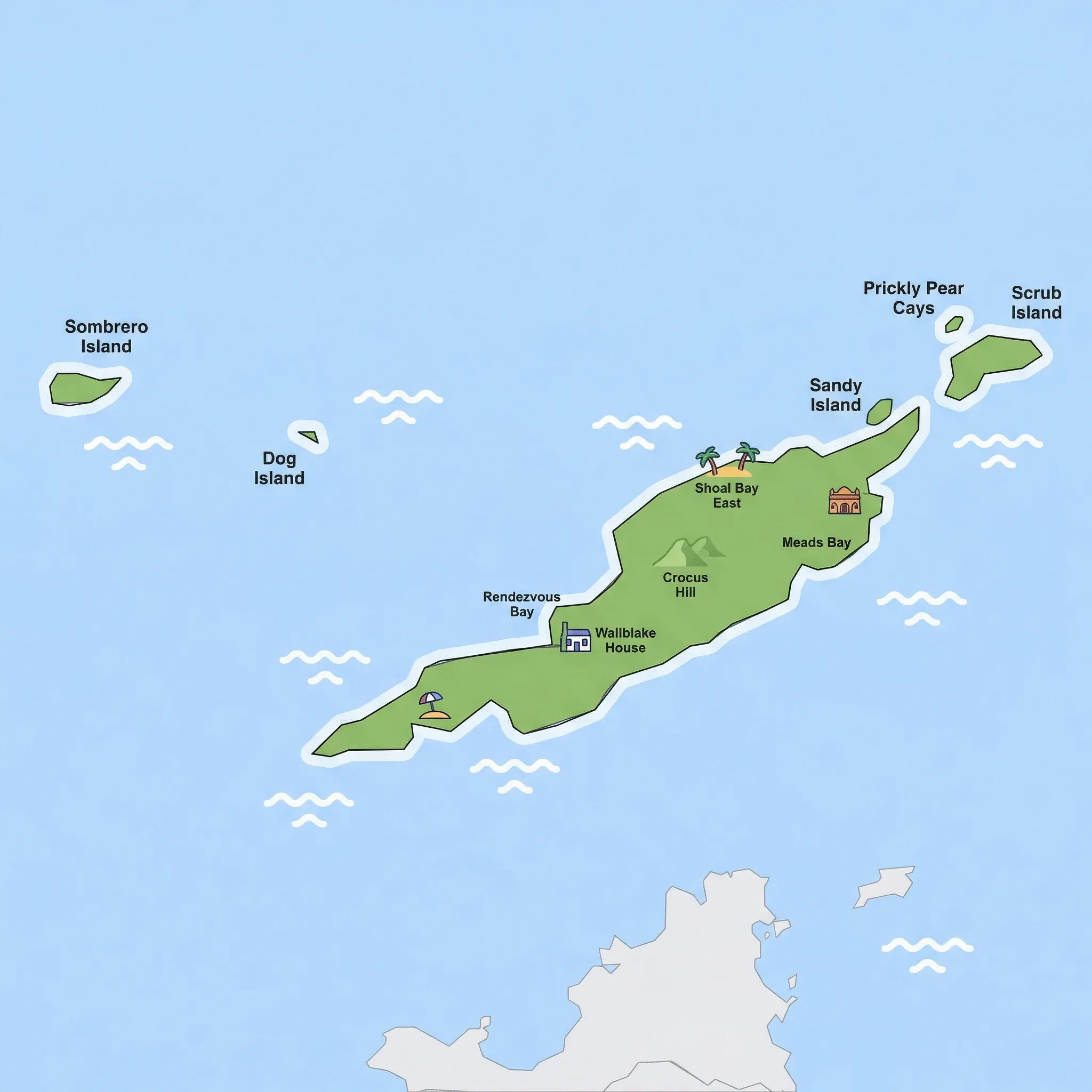 Colourful illustrated map of Anguilla showing 1 tourist regions including Anguilla, decorated with iconic landmarks like Shoal Bay East, Meads Bay, Rendezvous Bay, and Wallblake House, with geographic features including Caribbean Sea, Anegada Passage, Scrub Island, and Dog Island.