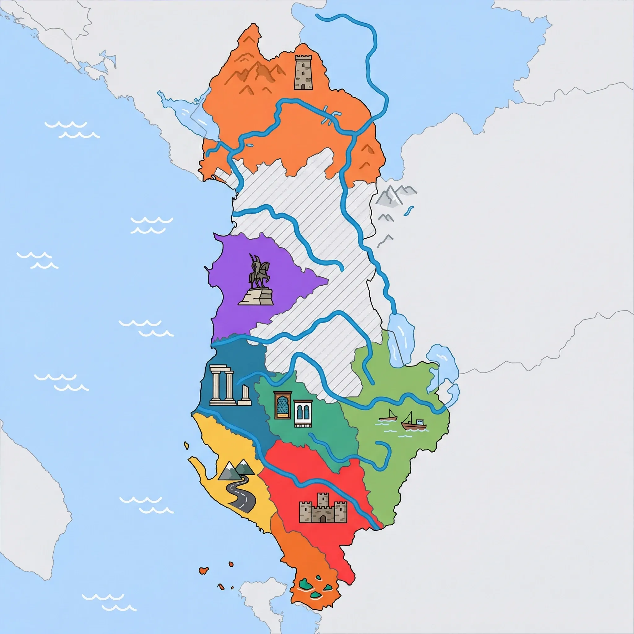 Colourful illustrated map of Albania showing 8 tourist regions including Central Riviera / Vlora & Llogara, Tirana & Central Coast, and Fier, Apollonia & Divjakë, decorated with iconic landmarks like Llogara Pass Mountain Road, Skanderbeg Monument, Apollonia Archaeological Columns, Theth Stone Lock-in Tower, and Ksamil Islands, with geographic features including Accursed Mountains, Lake Shkodër, Lake Ohrid, and Vjosa River.