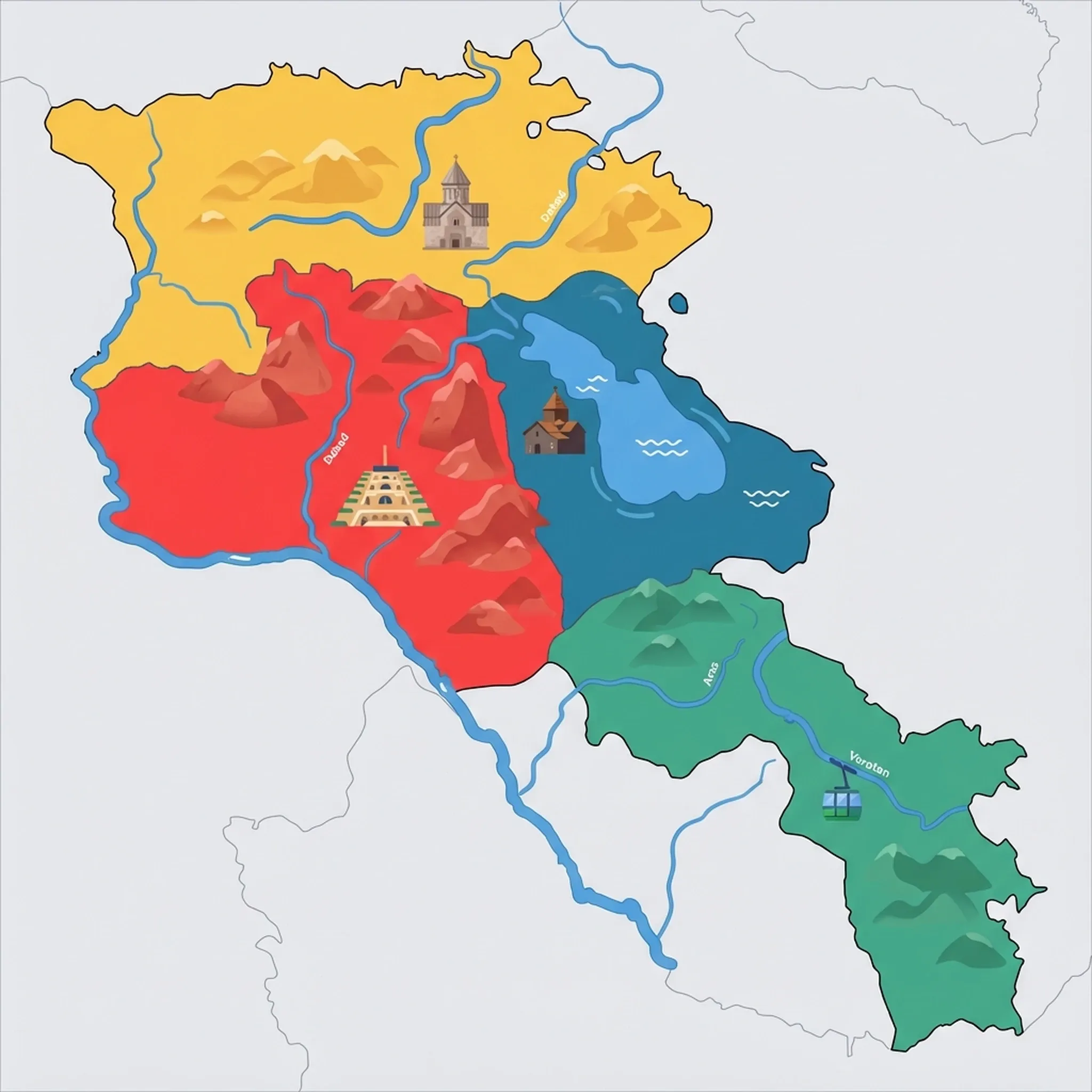 Colourful illustrated map of Armenia showing 4 tourist regions including Northern Armenia (Dilijan), Yerevan, and Lake Sevan, decorated with iconic landmarks like Haghartsin Monastery, The Cascade Complex, Sevanavank Monastery, and Wings of Tatev Aerial Tramway, with geographic features including Lake Sevan, Mount Ararat, Mount Aragats, and Lesser Caucasus Mountains.