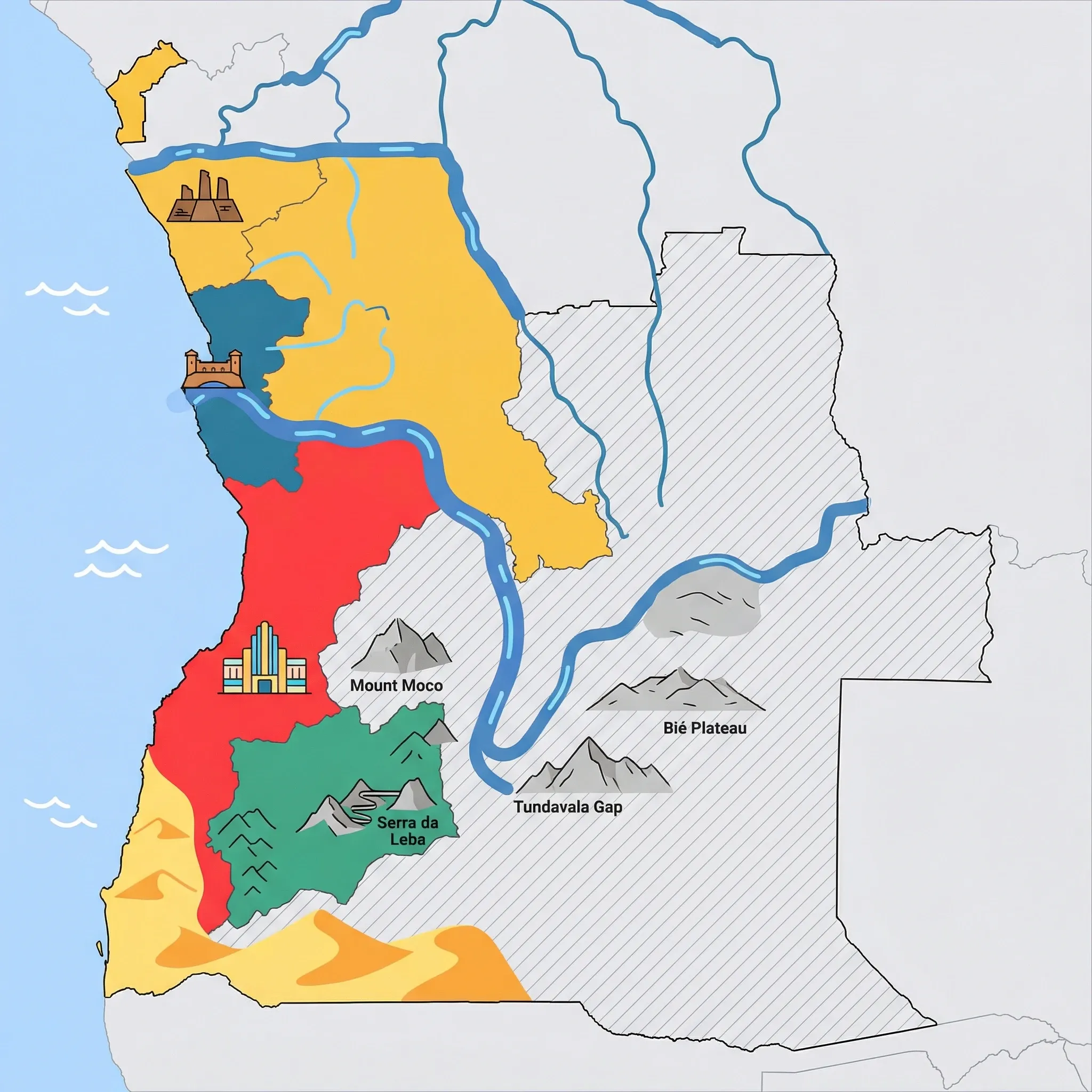 Colourful illustrated map of Angola showing 4 tourist regions including Luanda, Northern Angola, and Benguela & Coast, decorated with iconic landmarks like Fortaleza de São Miguel, Mbanza Kongo Ruins, Art Deco Architecture, and Serra da Leba Pass, with geographic features including Congo River, Cuanza River, Namib Desert, and Mount Moco.