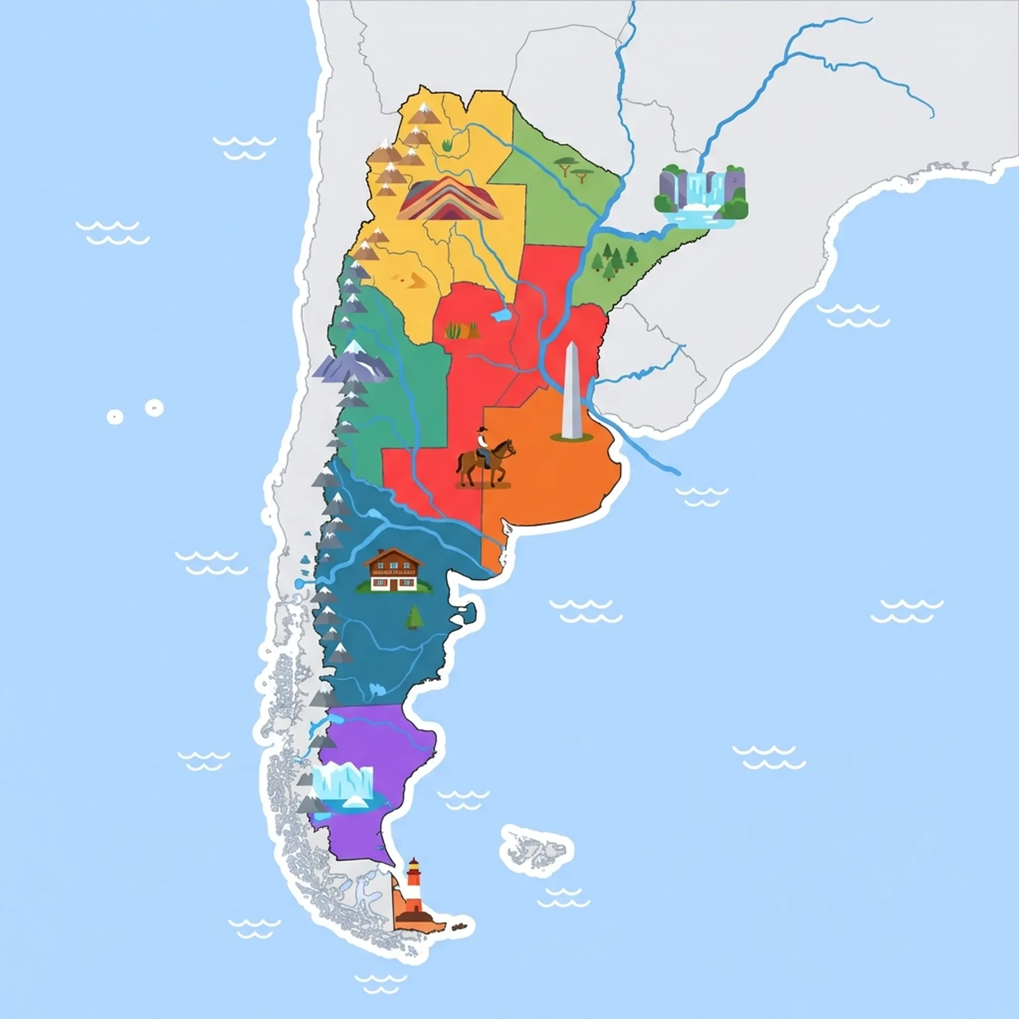 Colourful illustrated map of Argentina showing 8 tourist regions including Patagonia – Southern Icefields, Tierra del Fuego & Subantarctic South, and Patagonia – Northern Lakes & Steppe, decorated with iconic landmarks like Perito Moreno Glacier, Les Eclaireurs Lighthouse, Swiss-style Alpine Chalet, Obelisco de Buenos Aires, and Hill of Seven Colors, with geographic features including Andes Mountains, Iguazú Falls, Río de la Plata, and Aconcagua.