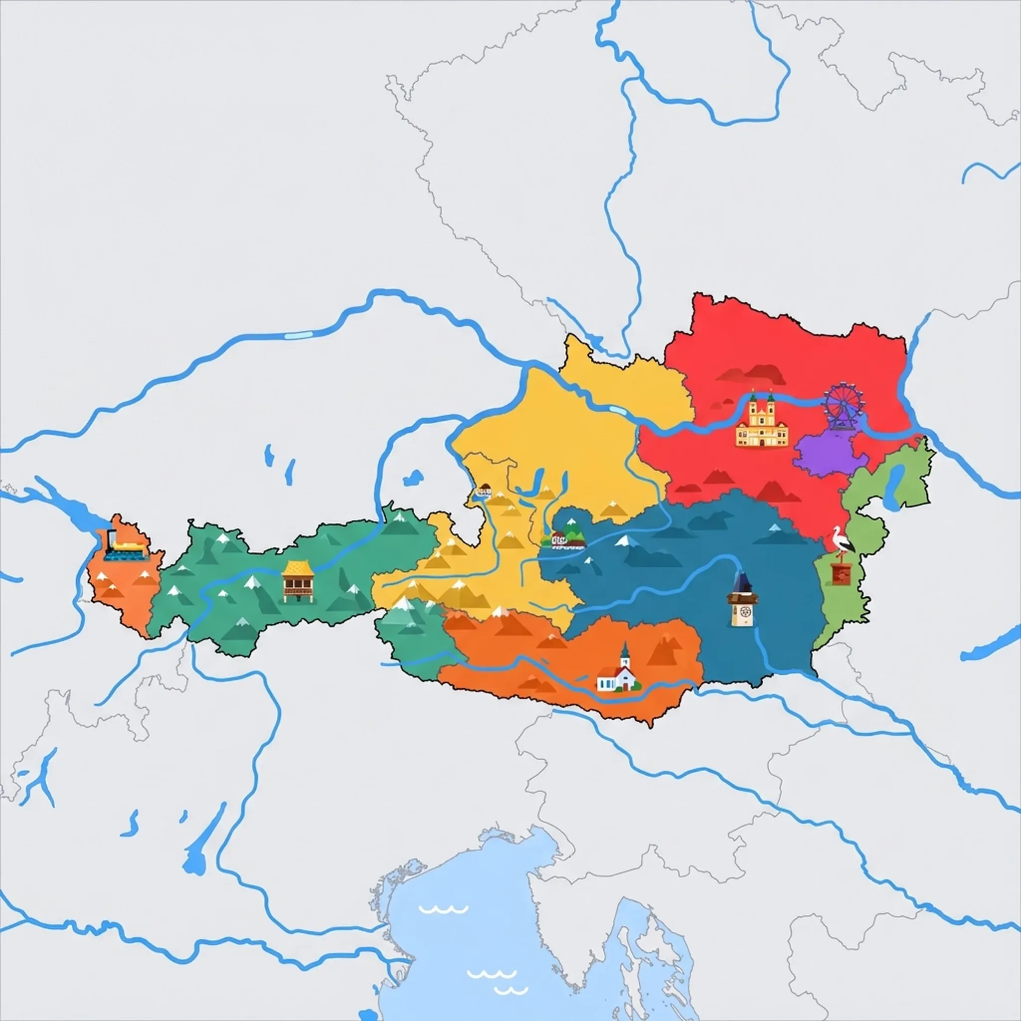 Colourful illustrated map of Austria showing 8 tourist regions including Carinthian Lakes & Southern Alps, Tyrolean Alps, and Burgenland & Neusiedlersee, decorated with iconic landmarks like Maria Wörth Church, Golden Roof, Stork on a Chimney, Riesenrad Ferris Wheel, and Melk Abbey, with geographic features including The Alps, Danube River, Grossglockner, and Lake Constance.