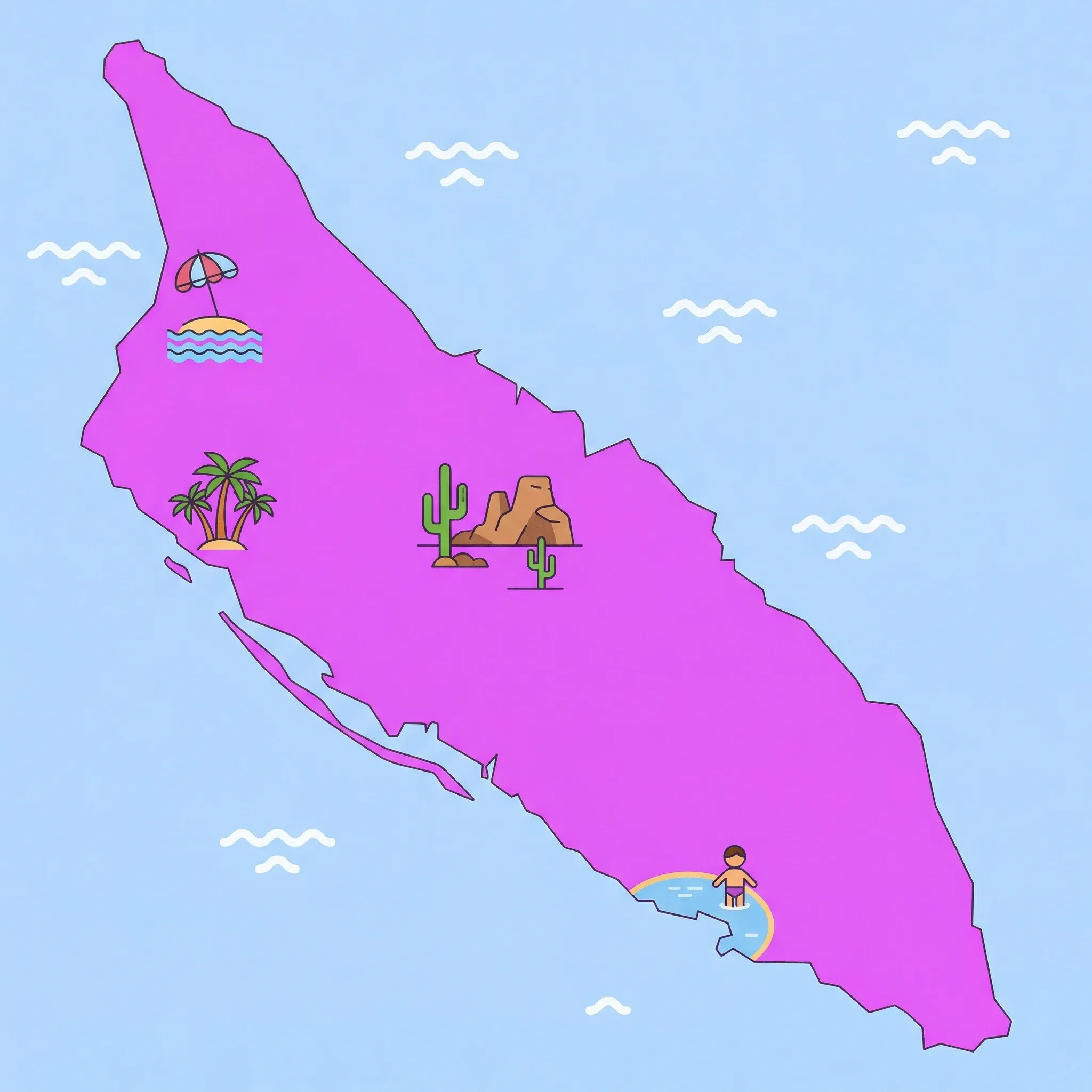 Colourful illustrated map of Aruba showing 1 tourist regions including Aruba, decorated with iconic landmarks like Eagle Beach, Arikok National Park, Palm Beach, and Baby Beach, with geographic features including Mount Jamanota, Arikok National Park, Hooiberg, and Caribbean Sea.