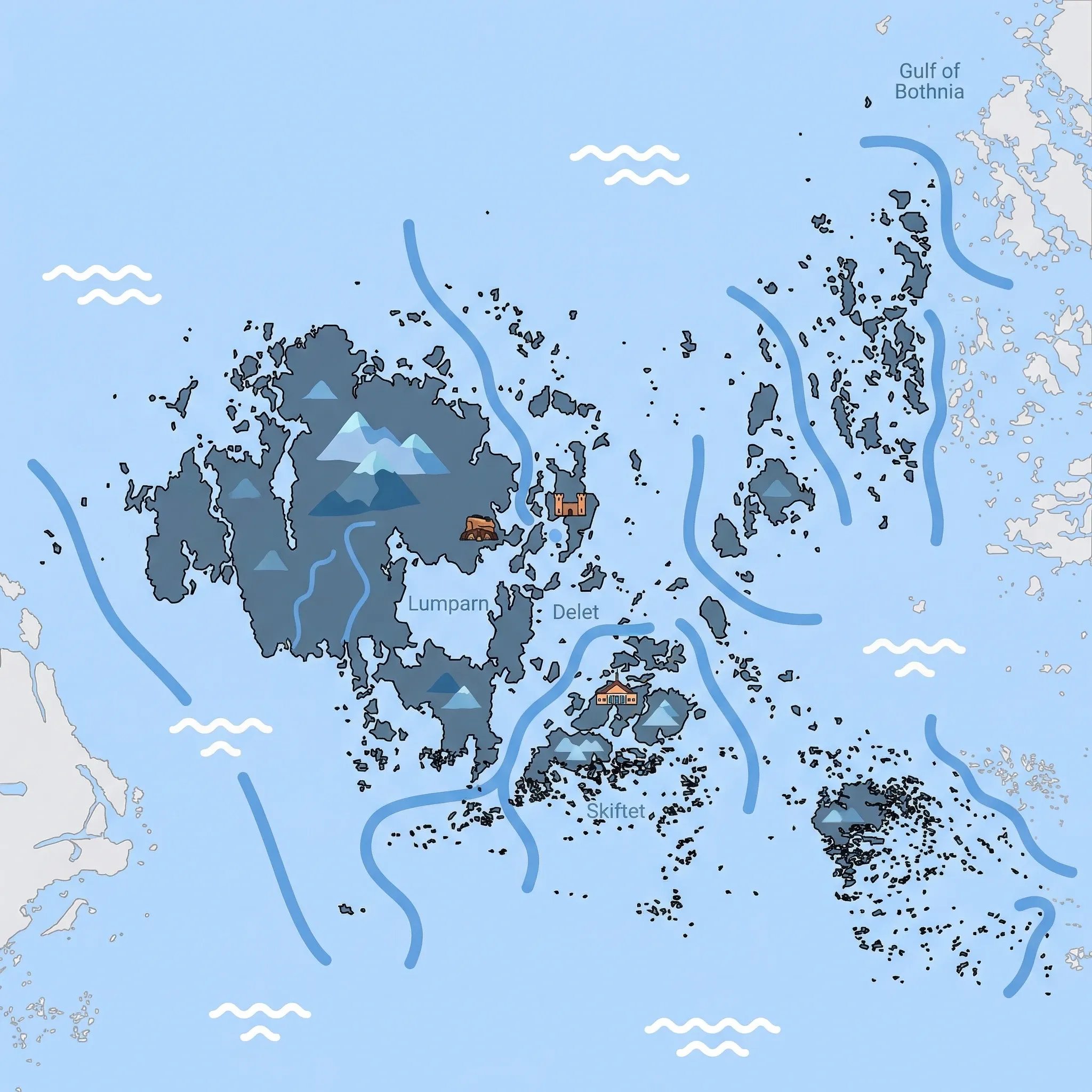 Colourful illustrated map of Åland Islands showing 1 tourist regions including Åland Islands, decorated with iconic landmarks like Kastelholm Castle, Bomarsund Fortress, and Åland Maritime Museum, with geographic features including Baltic Sea, Sea of Åland, Gulf of Bothnia, and Fasta Åland.