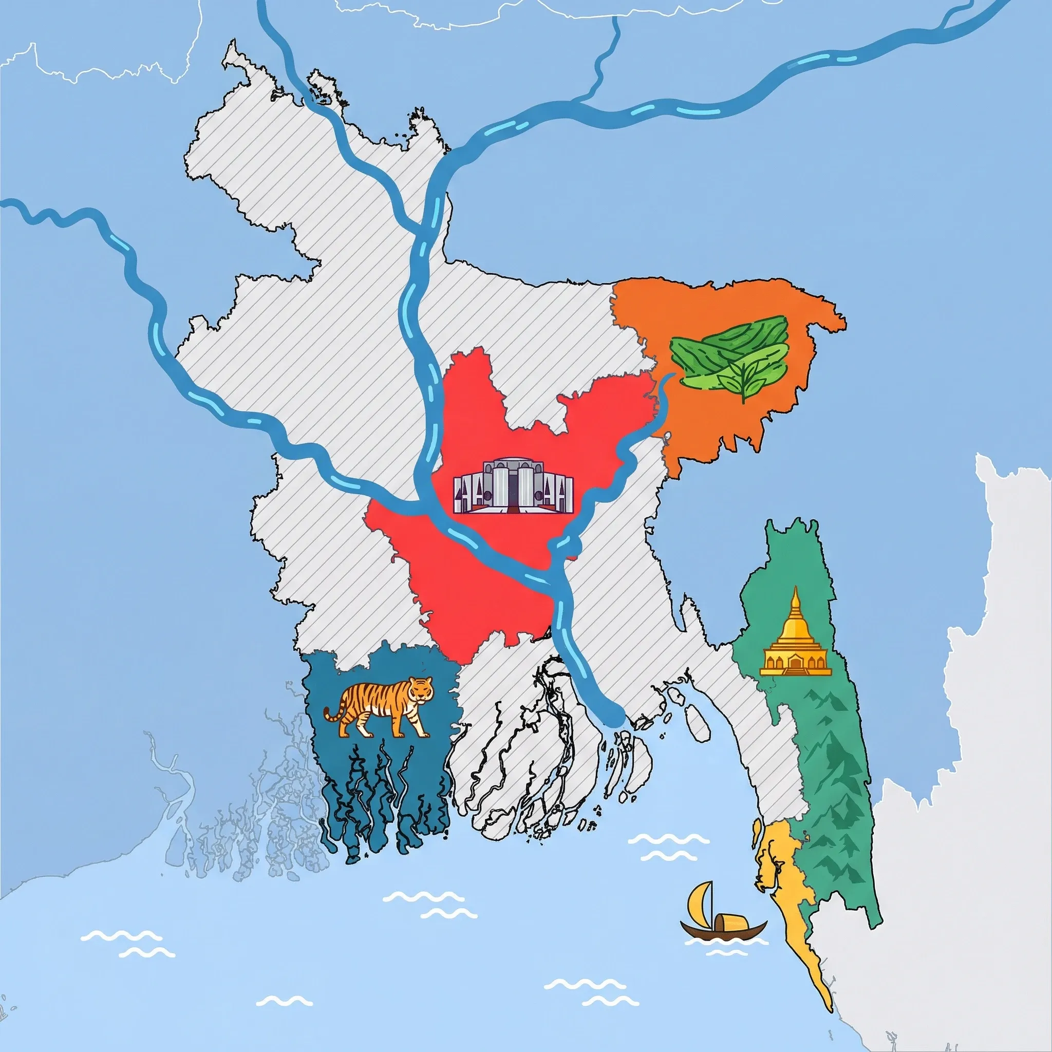 Colourful illustrated map of Bangladesh showing 5 tourist regions including Cox's Bazar, Sundarbans, and Dhaka, decorated with iconic landmarks like Moon-Shaped Sampan Boat, Royal Bengal Tiger, National Parliament House, Golden Buddhist Temple, and Lush Tea Plantation, with geographic features including Padma River, Jamuna River, Meghna River, and Sundarbans Mangrove Forest.
