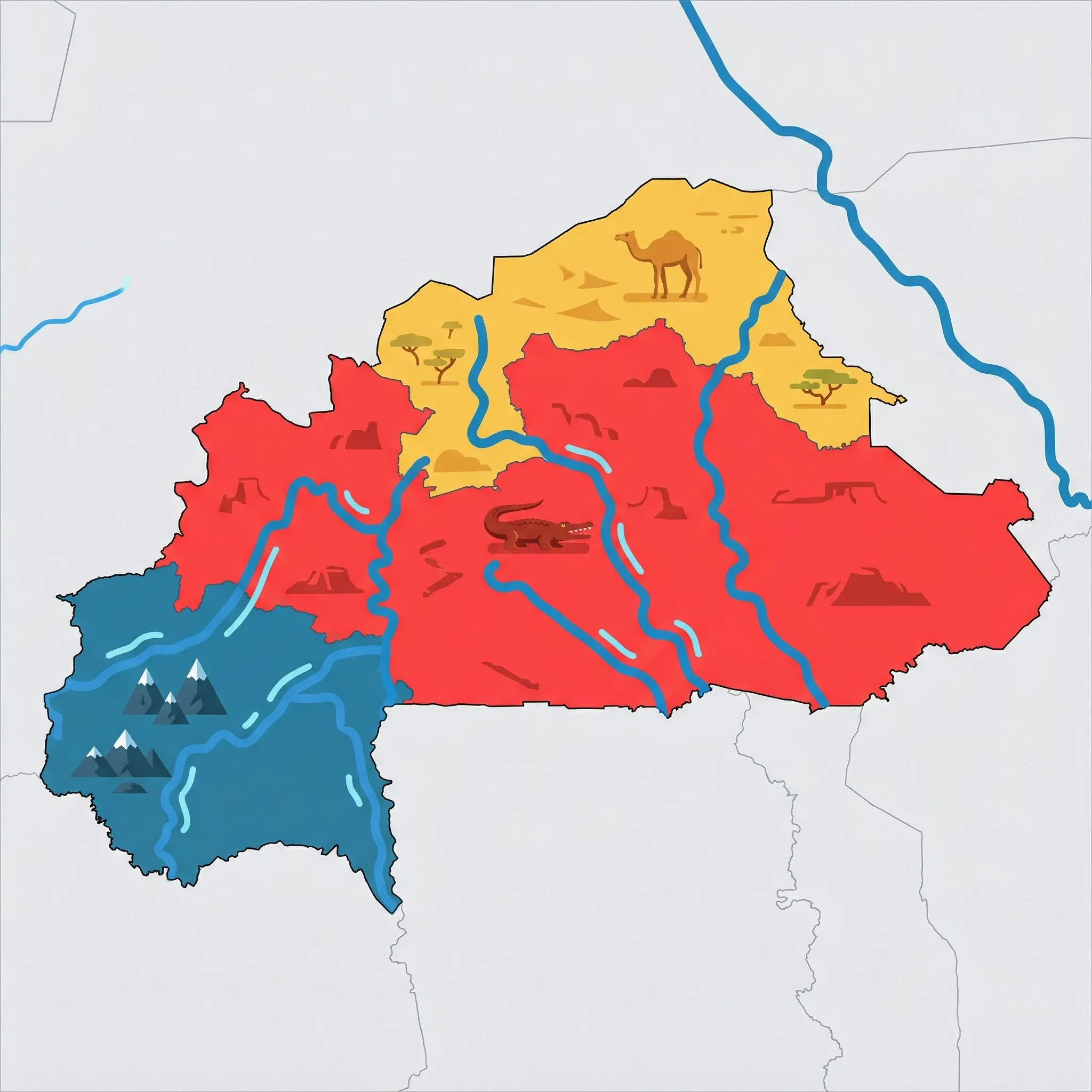Colourful illustrated map of Burkina Faso showing 3 tourist regions including Ouagadougou & Central, Bobo-Dioulasso & Southwest, Sahel North, decorated with iconic landmarks like Sacred Crocodile, Sindou Peaks, and Sahelian Camel, with geographic features including Black Volta River, White Volta River, Red Volta River, and Mount Tenakourou.