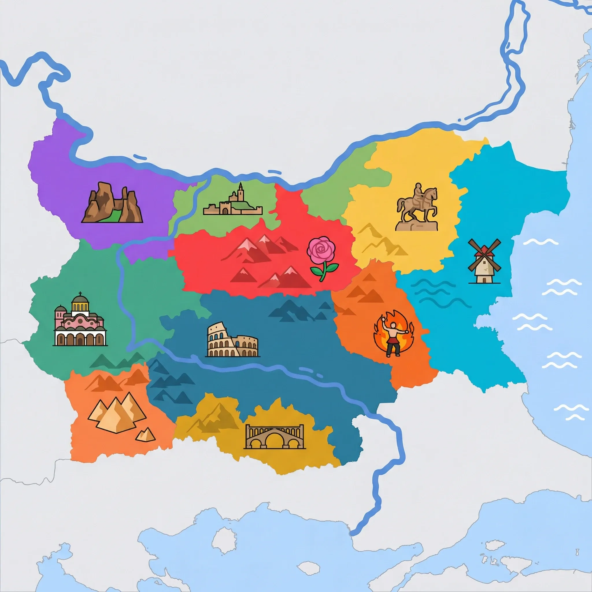 Colourful illustrated map of Bulgaria showing 10 tourist regions including Pirin & Southwest Mountains, Sofia & Western Bulgaria, and Black Sea Coast, decorated with iconic landmarks like Melnik Sand Pyramids, Rila Monastery, Nessebar Windmill, Belogradchik Rocks, and Tsarevets Fortress, with geographic features including Danube River, Balkan Mountains, Rila Mountains, and Pirin Mountains.