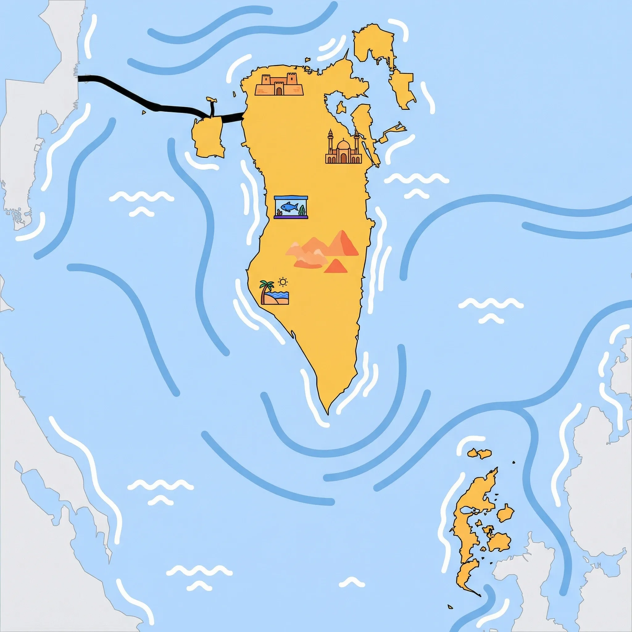 Colourful illustrated map of Bahrain showing 1 tourist regions including Bahrain, decorated with iconic landmarks like Bahrain Fort, Bahrain Aquarium, Al Jazayer Beach, and Al Fateh Grand Mosque, with geographic features including Persian Gulf, Gulf of Bahrain, Bahrain Island, and Muharraq Island.