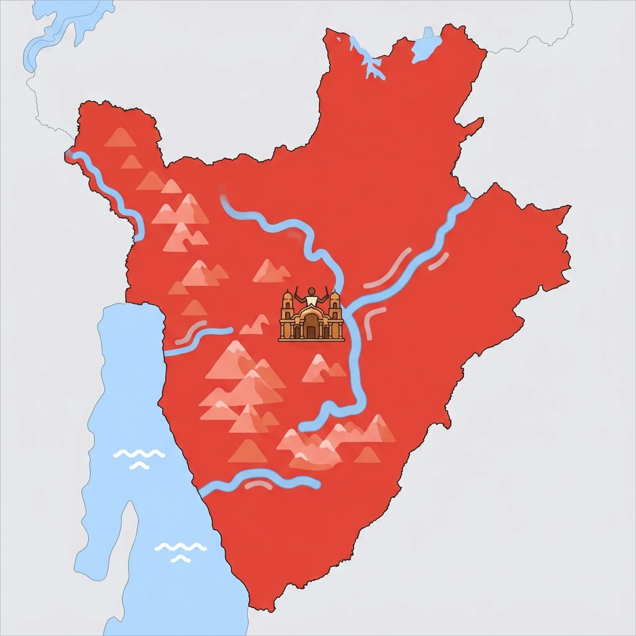 Colourful illustrated map of Burundi showing 1 tourist regions including Burundi, decorated with iconic landmarks like Saga Beach, Lake Tanganyika, Rusizi National Park, and Mount Heha Summit Path, with geographic features including Lake Tanganyika, Kibira National Park, Ruvubu River, and Rusizi River.