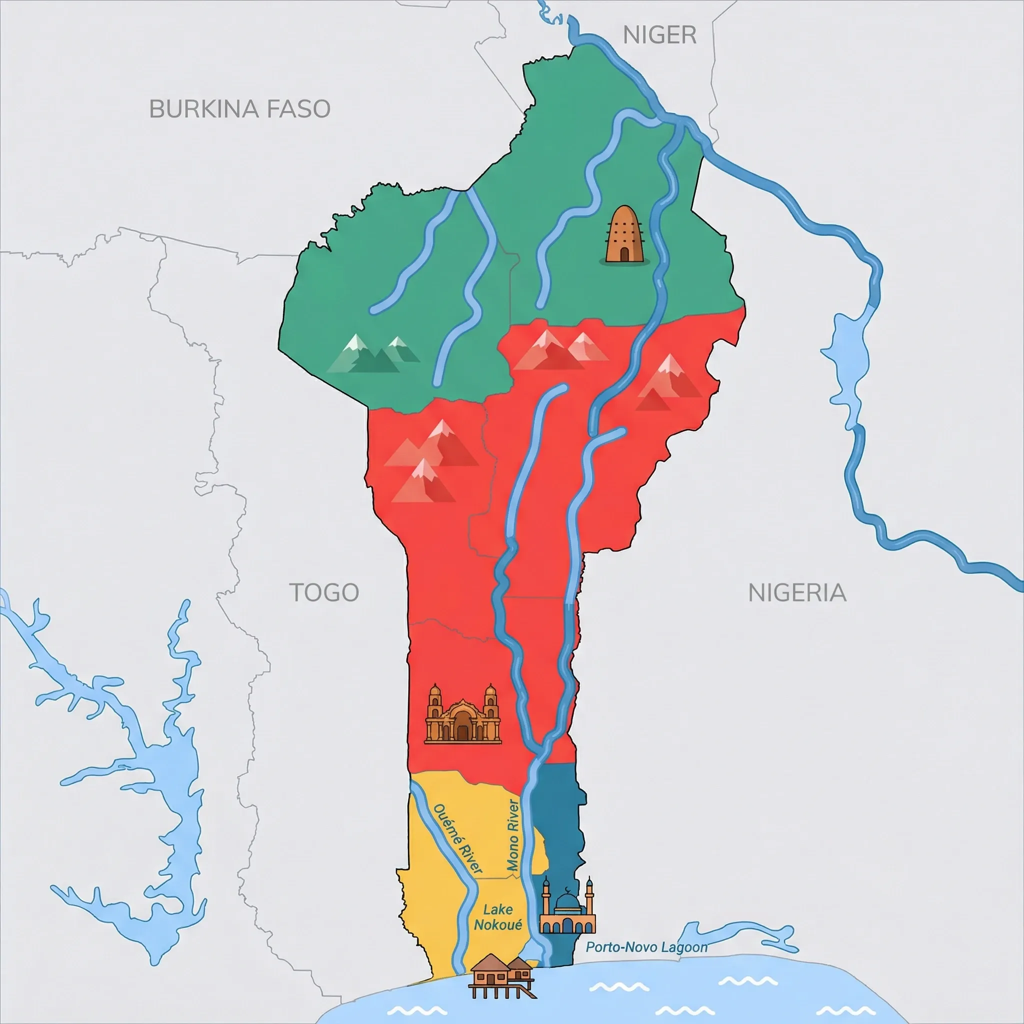 Colourful illustrated map of Benin showing 4 tourist regions including Cotonou & Coast, Porto-Novo (capital), and Pendjari NP & North, decorated with iconic landmarks like Ganvié Stilt Village, Great Mosque of Porto-Novo, Tata Somba mud-tower house, and Royal Palaces of Abomey, with geographic features including Atakora Mountains, Ouémé River, Lake Nokoué, and Pendjari River.