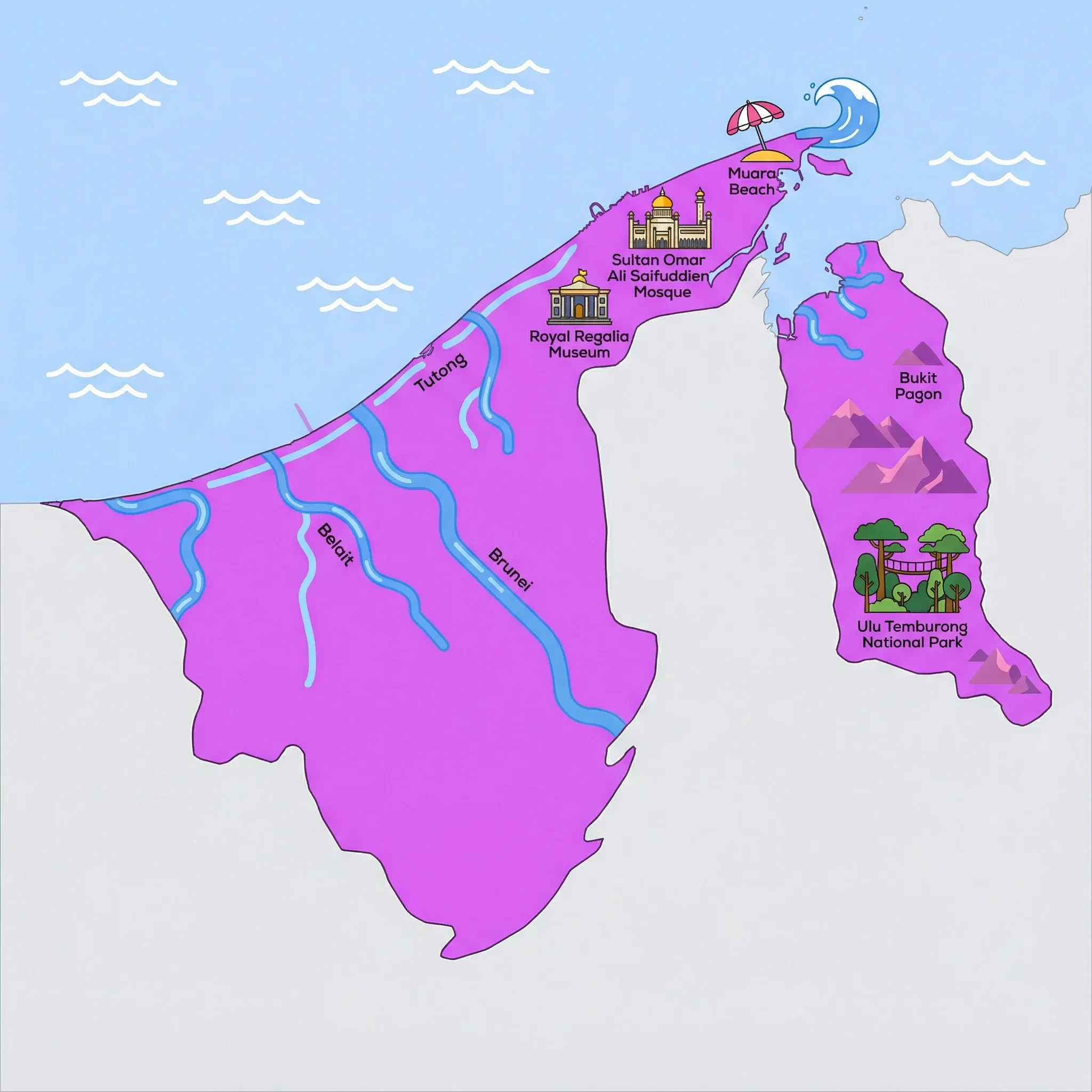 Colourful illustrated map of Brunei showing 1 tourist regions including Brunei, decorated with iconic landmarks like Ulu Temburong National Park, Sultan Omar Ali Saifuddien Mosque, Muara Beach, and Royal Regalia Museum, with geographic features including South China Sea, Brunei Bay, Brunei River, and Belait River.