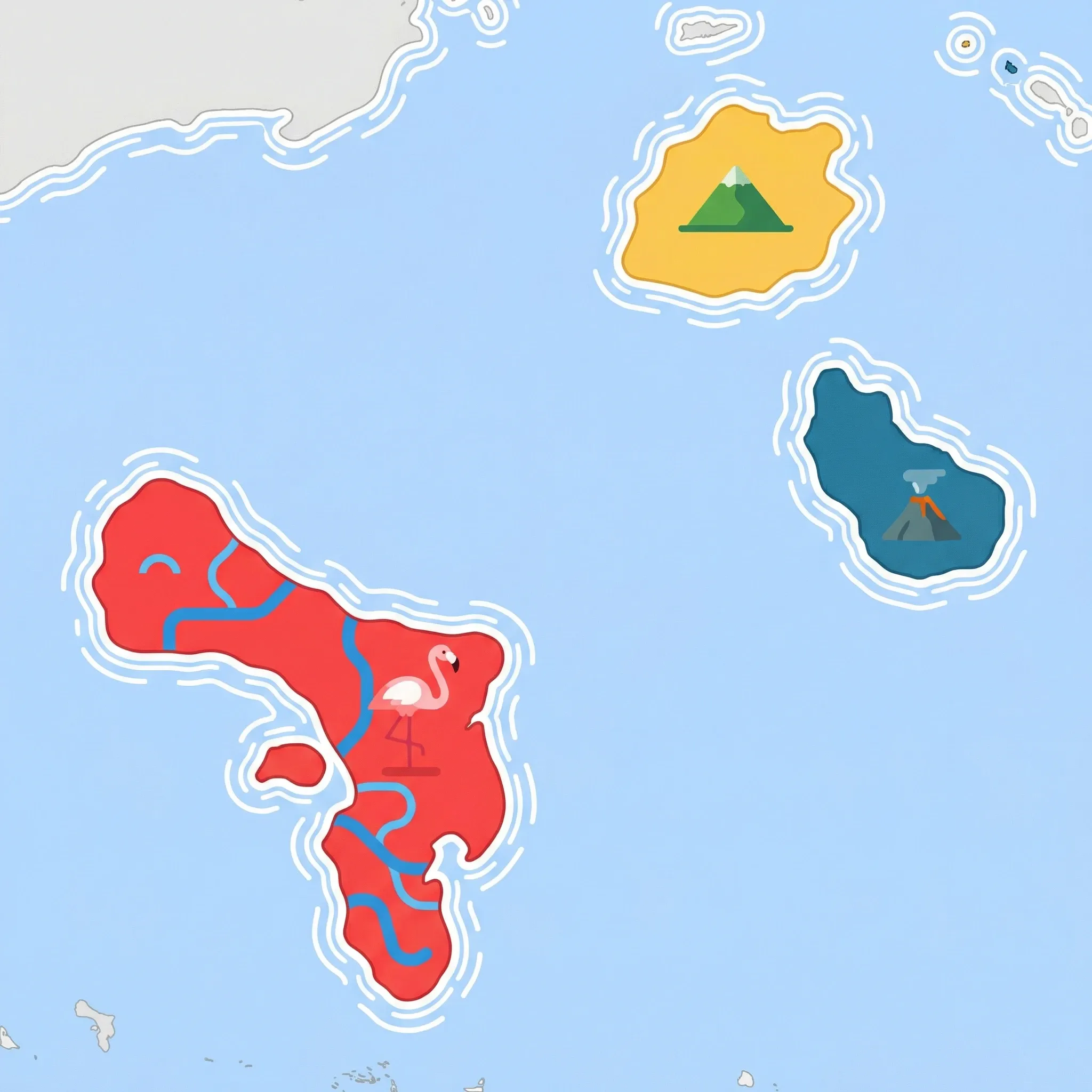 Colourful illustrated map of Bonaire, Sint Eustatius and Saba showing 3 tourist regions including Sint Eustatius (Statia), Bonaire (diving), Saba (hiking), decorated with iconic landmarks like The Quill Volcano, Caribbean Flamingo, and Mount Scenery, with geographic features including Mount Scenery, The Quill, Pekelmeer Salt Flats, and Lac Bay.
