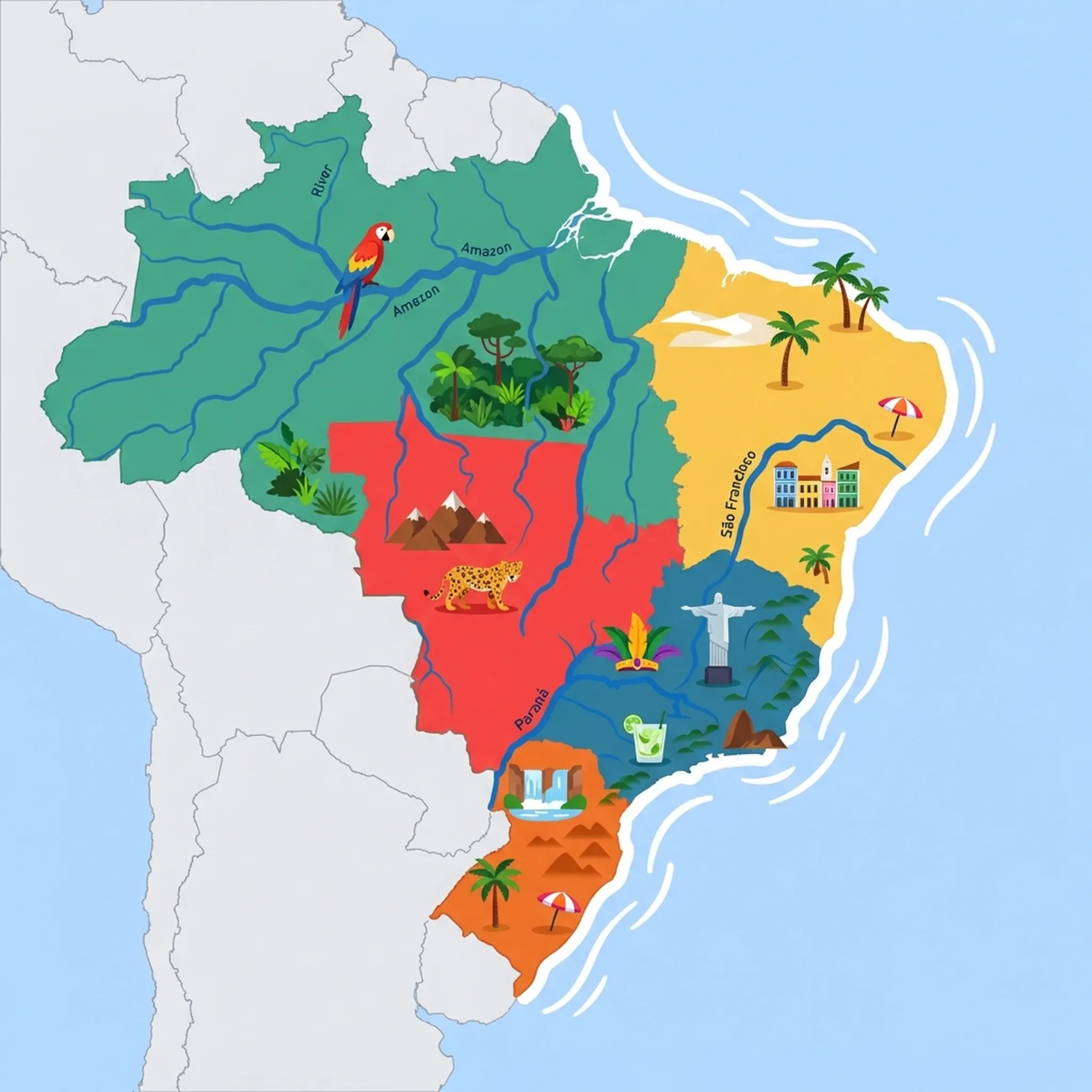 Colourful illustrated map of Brazil showing 5 tourist regions including Southern Brazil & Highlands, North Brazil & Amazon Basin, and Central-West Brazil & Cerrado, decorated with iconic landmarks like Iguazu Falls, palm tree, beach umbrella, Scarlet Macaw, and Rainforest, with geographic features including Amazon River, Pantanal Wetlands, Brazilian Highlands, and Serra do Mar.