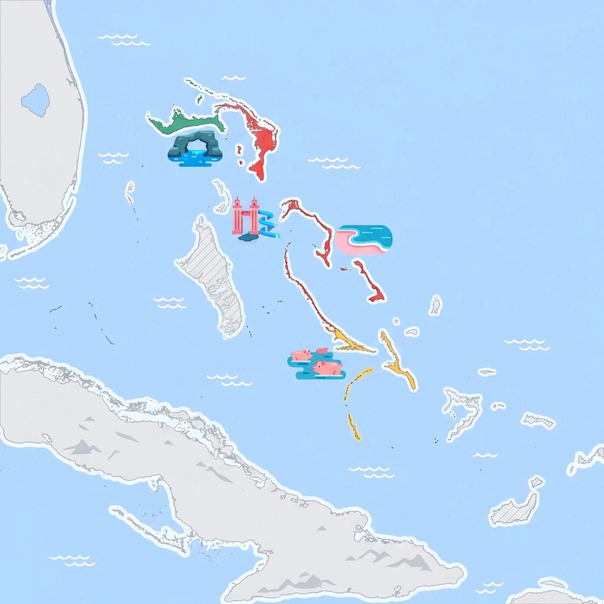 Colourful illustrated map of The Bahamas showing 4 tourist regions including Exumas (swimming pigs), Out Islands (Eleuthera, Harbour Island, Abacos), and Nassau & Paradise Island, decorated with iconic landmarks like Swimming Pigs, Pink Sand Beach, Atlantis Resort, and Lucayan Underwater Caves, with geographic features including Atlantic Ocean, Great Bahama Bank, Tongue of the Ocean, and Little Bahama Bank.