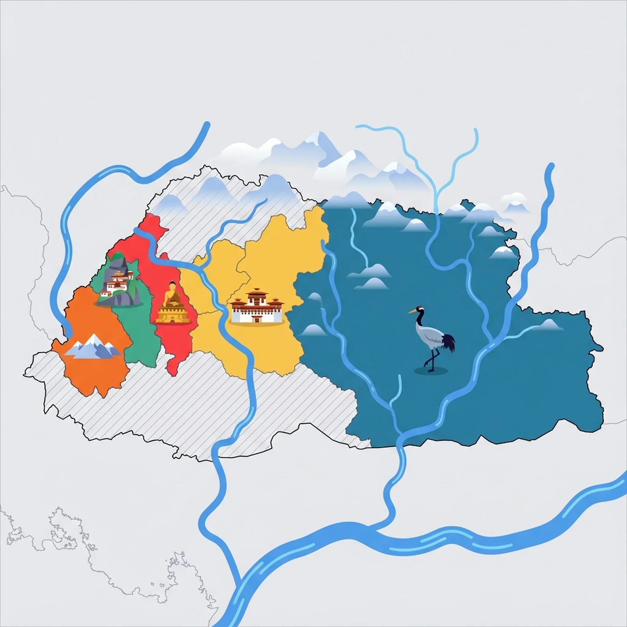 Colourful illustrated map of Bhutan showing 5 tourist regions including Punakha, Central & Eastern Bhutan, and Paro (Tiger's Nest), decorated with iconic landmarks like Punakha Dzong, Black-Necked Crane, Tiger's Nest Monastery, Buddha Dordenma Statue, and Meri Puensum Mountains, with geographic features including Great Himalayas, Gangkhar Puensum, Jomolhari, and Black Mountains.