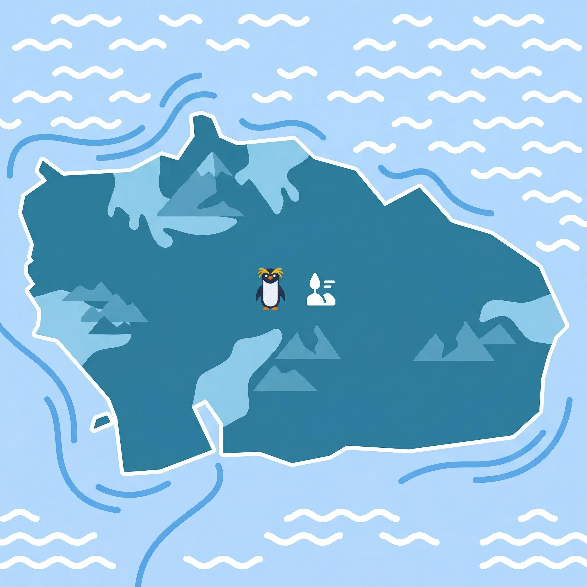 Colourful illustrated map of Bouvet Island showing 1 tourist regions including Bouvet Island, decorated with iconic landmarks like Macaroni Penguin and Bouvet Island National Park, with geographic features including Olavtoppen, Nyrøysa, Kapp Circoncision, and Larsøya.