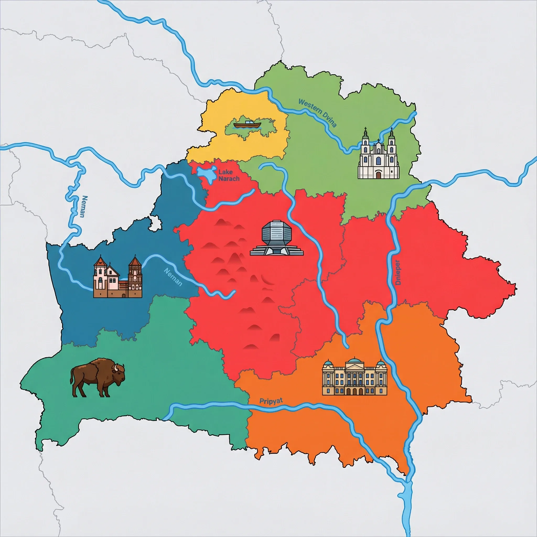Colourful illustrated map of Belarus showing 6 tourist regions including Gomel & Polesie (Pripyat Marshes), Minsk & Central Belarus, and Belarusian Lakeland, decorated with iconic landmarks like Rumyantsev-Paskevich Palace, National Library of Belarus, Braslav Lakes Boat, Mir Castle, and European Bison, with geographic features including Dnieper River, Pripyat River, Neman River, and Western Dvina River.