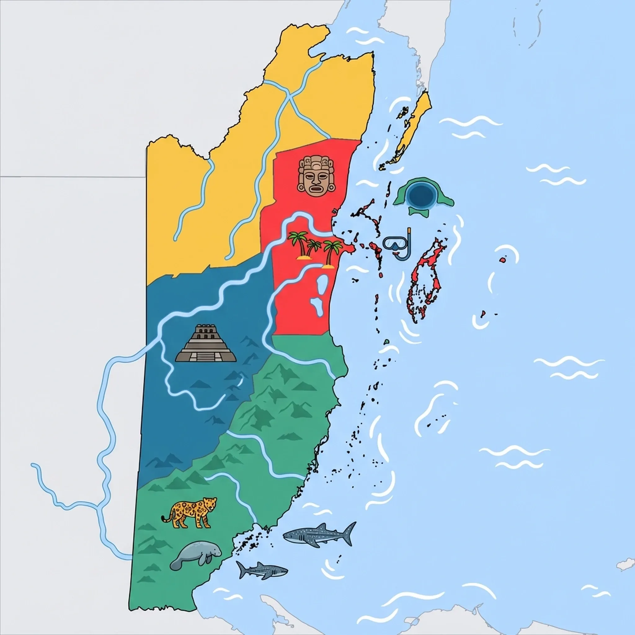 Colourful illustrated map of Belize showing 4 tourist regions including Northern Belize (Corozal), Belize District & Cayes, and Placencia & Southern Coast, decorated with iconic landmarks like Lamanai Mask Temple, Great Blue Hole, Palm Trees, Snorkel Mask, and Jaguar, with geographic features including Belize Barrier Reef, Maya Mountains, Belize River, and New River.