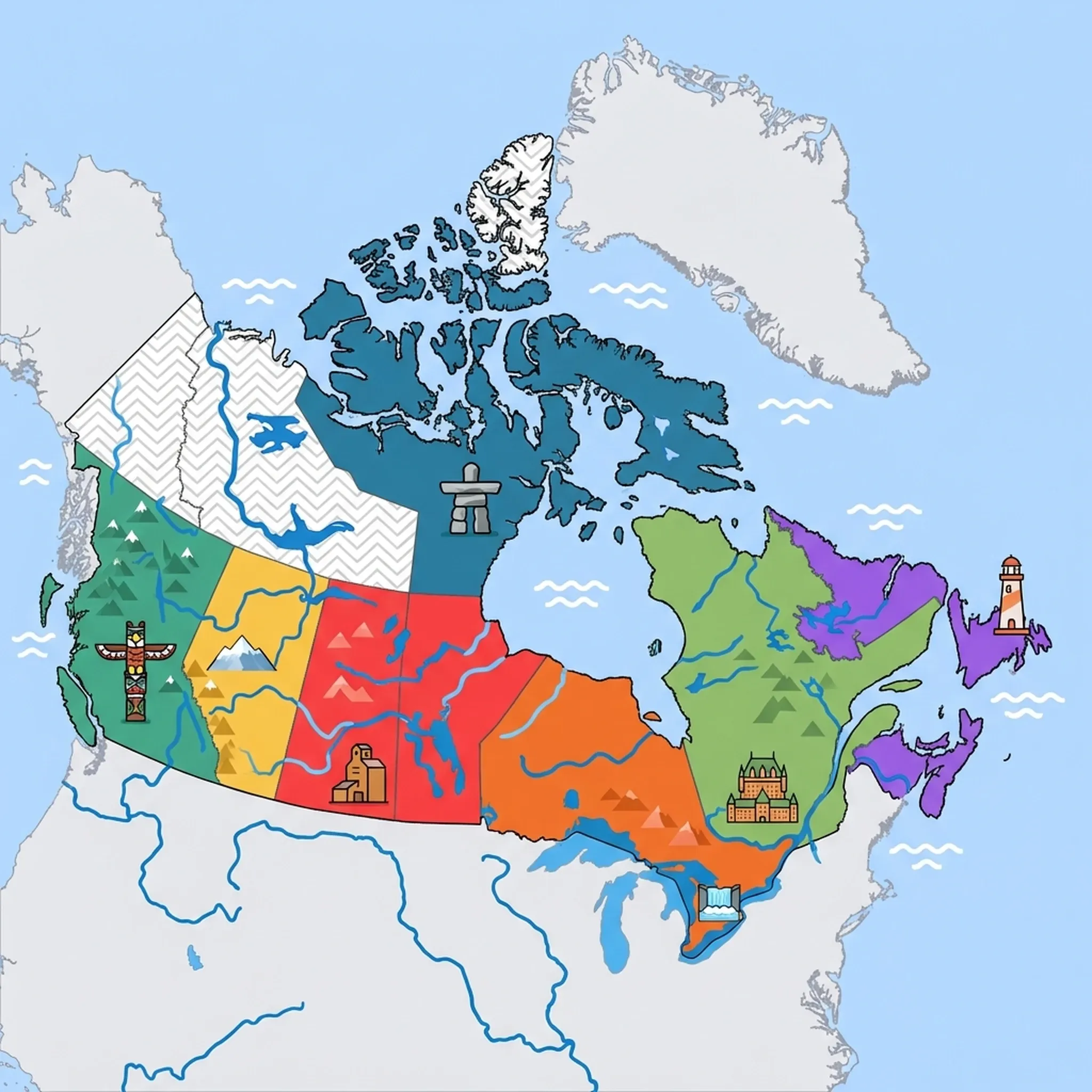 Colourful illustrated map of Canada showing 7 tourist regions including Québec, Atlantic Canada, and Ontario & Great Lakes, decorated with iconic landmarks like Chateau Frontenac, Coastal Lighthouse, Niagara Falls Waterfall, Indigenous Totem Pole, and Inuksuk Stone Landmark, with geographic features including Rocky Mountains, Great Lakes, Hudson Bay, and Saint Lawrence River.