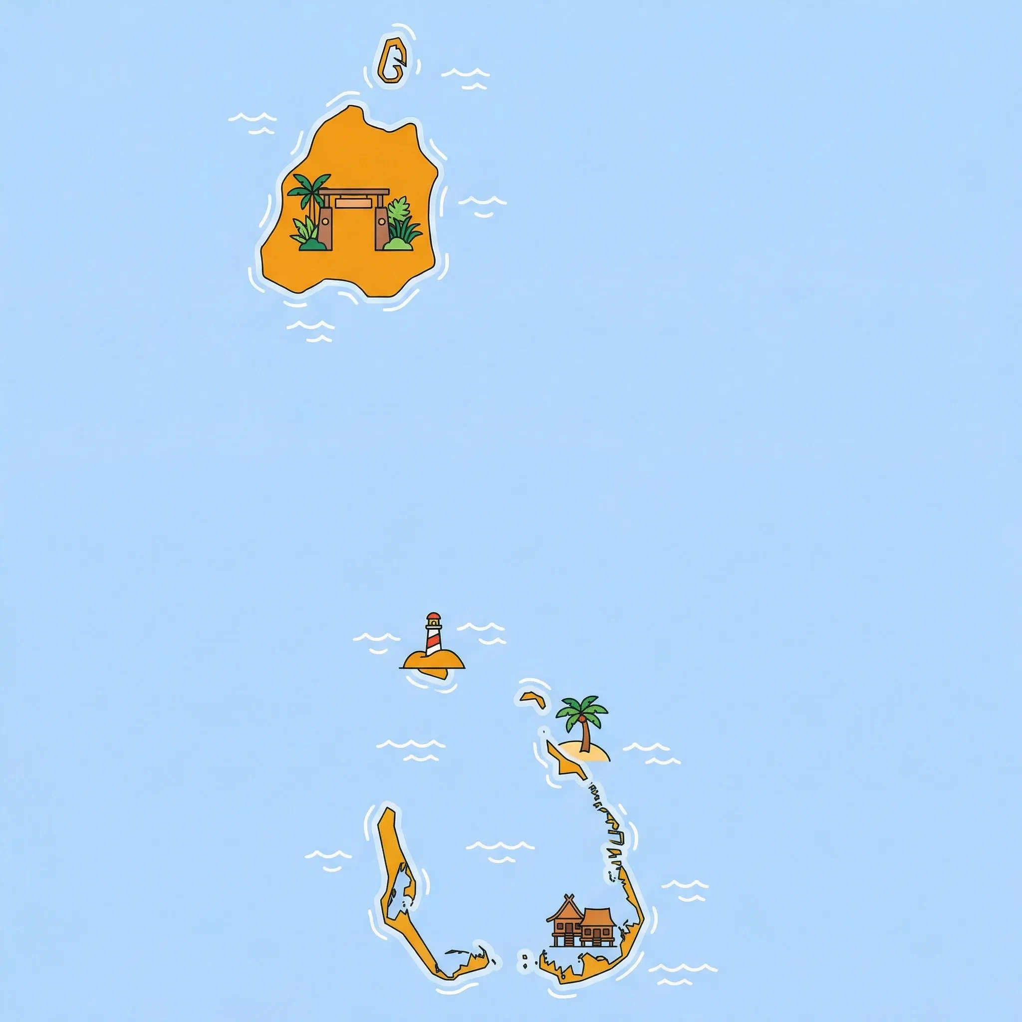 Colourful illustrated map of Cocos (Keeling) Islands showing 1 tourist regions including Cocos (Keeling) Islands, decorated with iconic landmarks like Direction Island, Pulu Keeling National Park, Cossies Beach, and Home Island Kampong, with geographic features including South Keeling Atoll, North Keeling Island, Indian Ocean, and Cocos Lagoon.