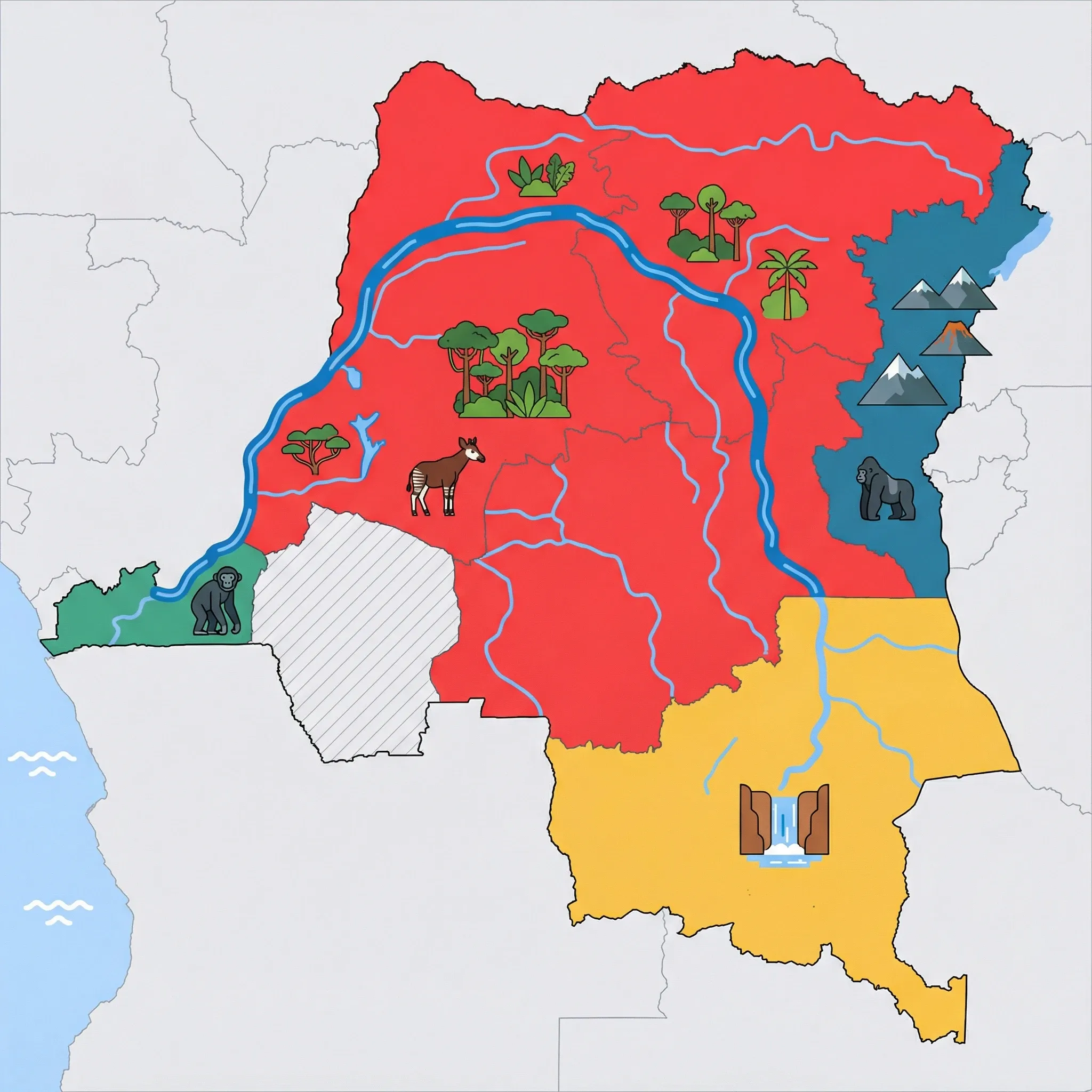 Colourful illustrated map of Democratic Republic of the Congo showing 4 tourist regions including Congo River & Basin, Virunga & Eastern DRC (gorillas), and Katanga & South, decorated with iconic landmarks like Okapi, Mountain Gorilla, Lofoi Falls, and Bonobo, with geographic features including Congo River, Congo Basin, Lake Tanganyika, and Lake Kivu.