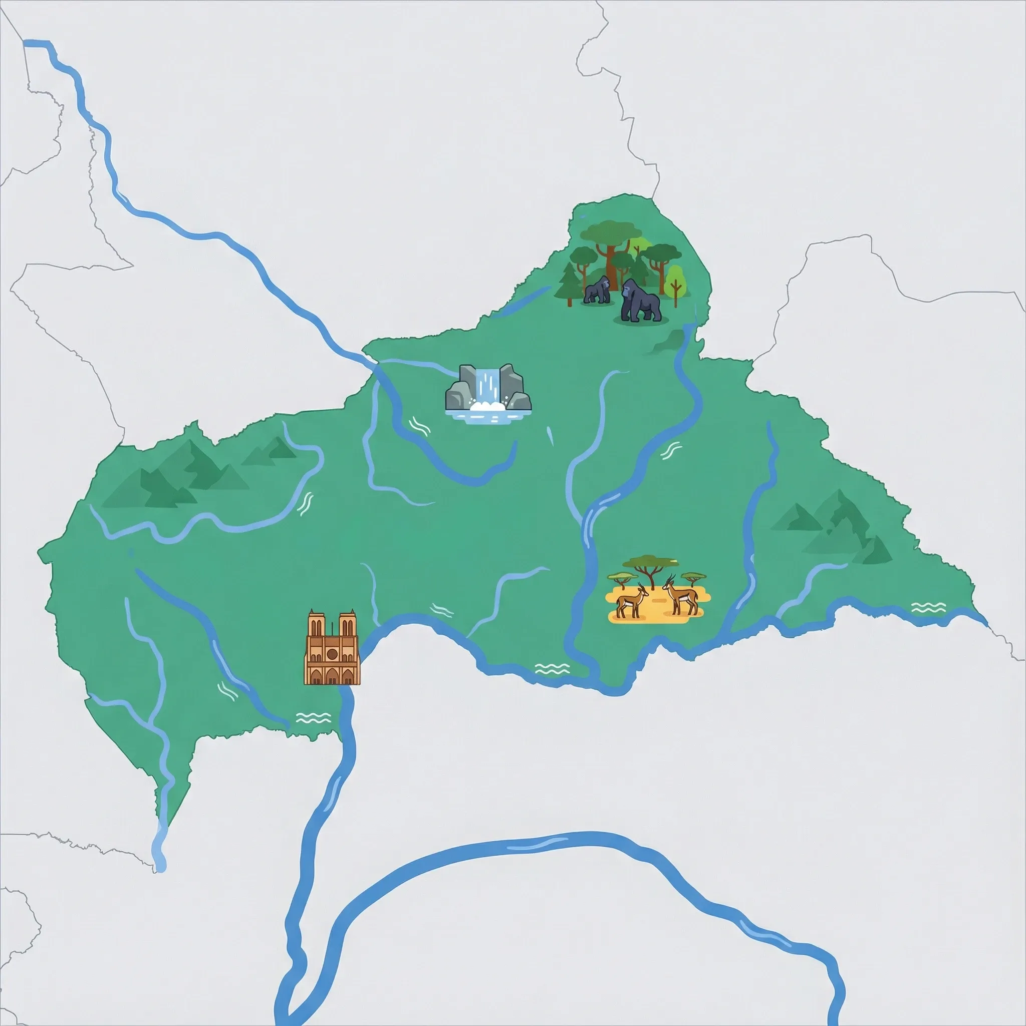 Colourful illustrated map of Central African Republic showing 1 tourist regions including Central African Republic, decorated with iconic landmarks like Boali Falls, Notre-Dame Cathedral, Bangui, Dzanga-Sangha Special Reserve, and Chinko Nature Reserve, with geographic features including Oubangui River, Dzanga-Sangha Special Reserve, Manovo-Gounda St. Floris National Park, and Chari River.