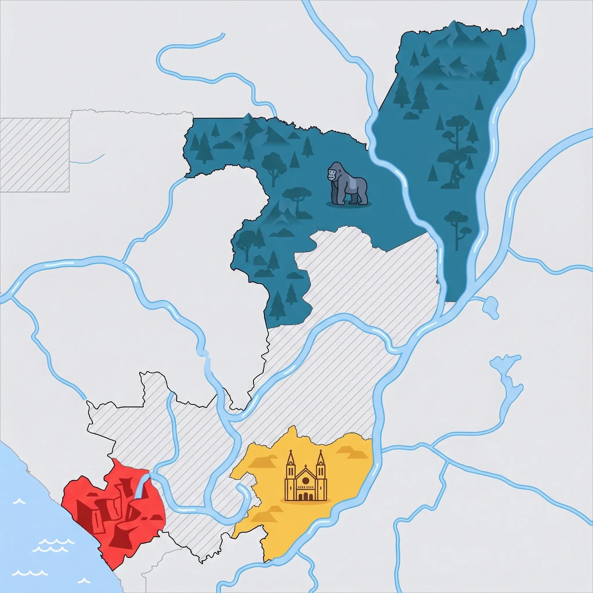 Colourful illustrated map of Republic of the Congo showing 3 tourist regions including Pointe-Noire & Coast, Northern Forests (gorillas), Brazzaville, decorated with iconic landmarks like Diosso Gorges, Western Lowland Gorilla, and Basilique Sainte-Anne, with geographic features including Congo River, Pool Malebo, Mayombe Mountains, and Sangha River.