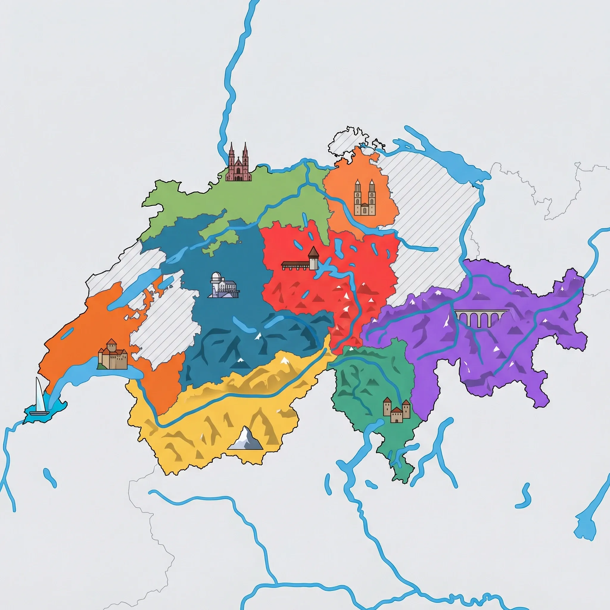 Colourful illustrated map of Switzerland showing 9 tourist regions including Bernese Oberland, Lake Geneva region, and Ticino, decorated with iconic landmarks like Jungfraujoch Sphinx Observatory, Chillon Castle, Three Castles of Bellinzona, Jet d'Eau, and Chapel Bridge, with geographic features including The Alps, Rhine River, Lake Geneva, and Lake Constance.