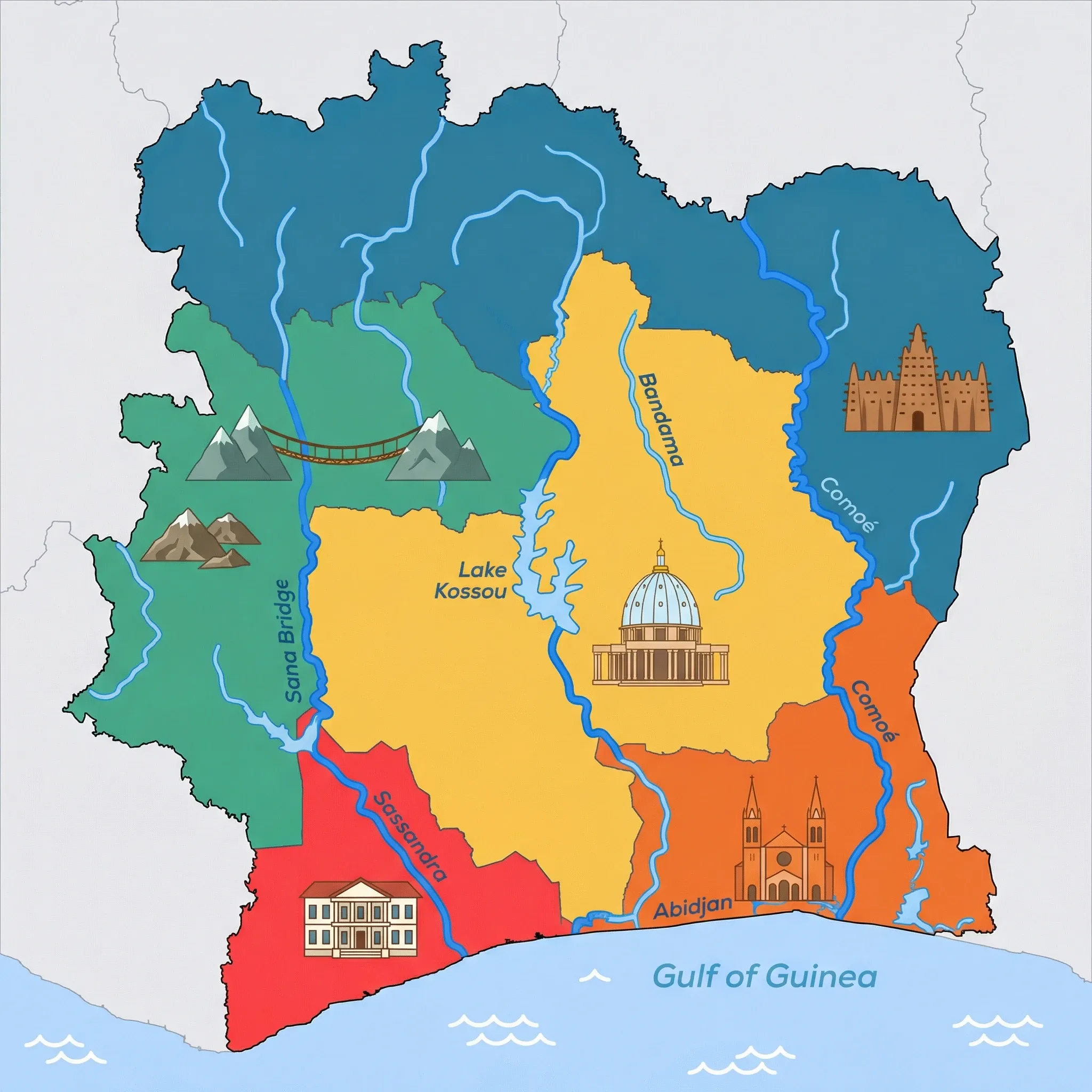 Colourful illustrated map of Ivory Coast showing 5 tourist regions including Yamoussoukro & Central, Abidjan, and Comoé NP & North, decorated with iconic landmarks like Basilica of Our Lady of Peace, St. Paul's Cathedral, Sudanese-style Mud Mosque, Liana Bridge, and Colonial Mansion of Grand-Bassam, with geographic features including Ébrié Lagoon, Bandama River, Lake Kossou, and Mount Nimba.