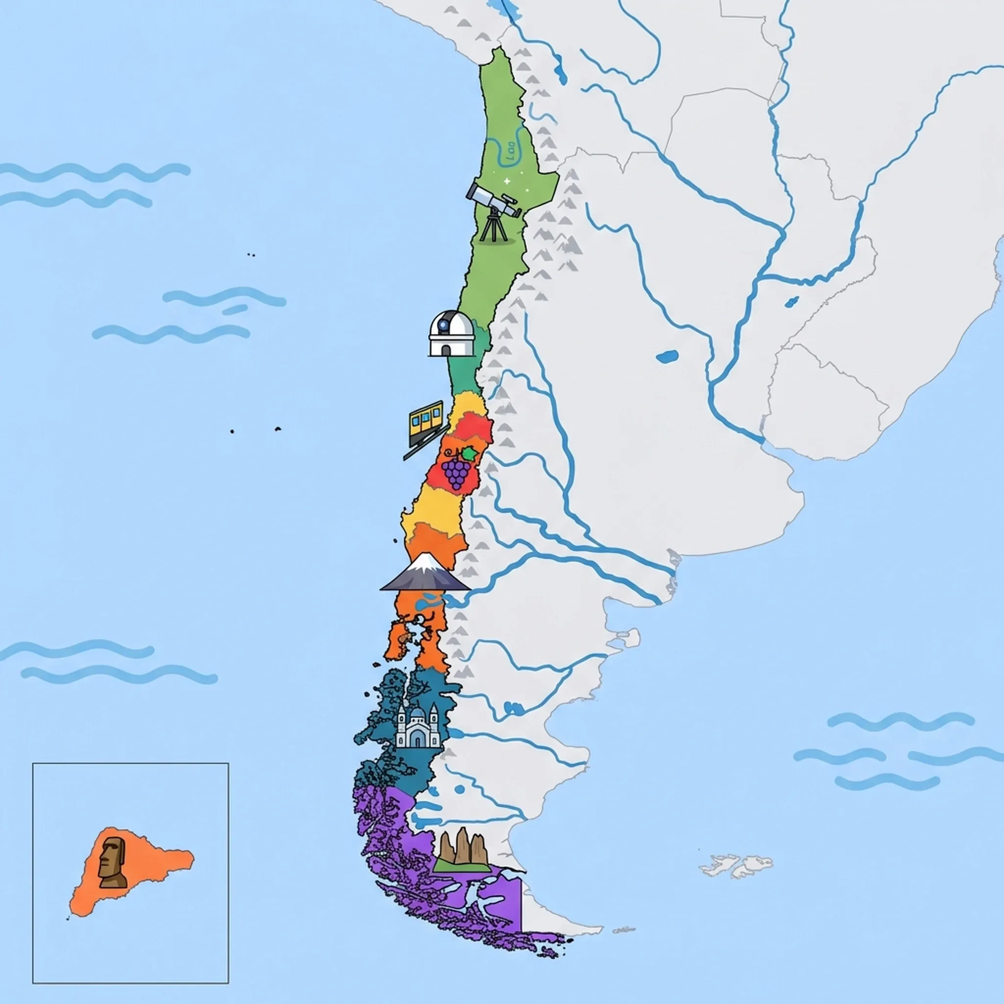 Colourful illustrated map of Chile showing 8 tourist regions including Northern Patagonia (Carretera Austral), Rapa Nui (Easter Island), and Santiago & Central Valley, decorated with iconic landmarks like Marble Cathedral, Moai Statue, Wine Grapes, Hillside Funicular, and Stargazing Telescope, with geographic features including Andes Mountains, Atacama Desert, Central Valley, and Strait of Magellan.