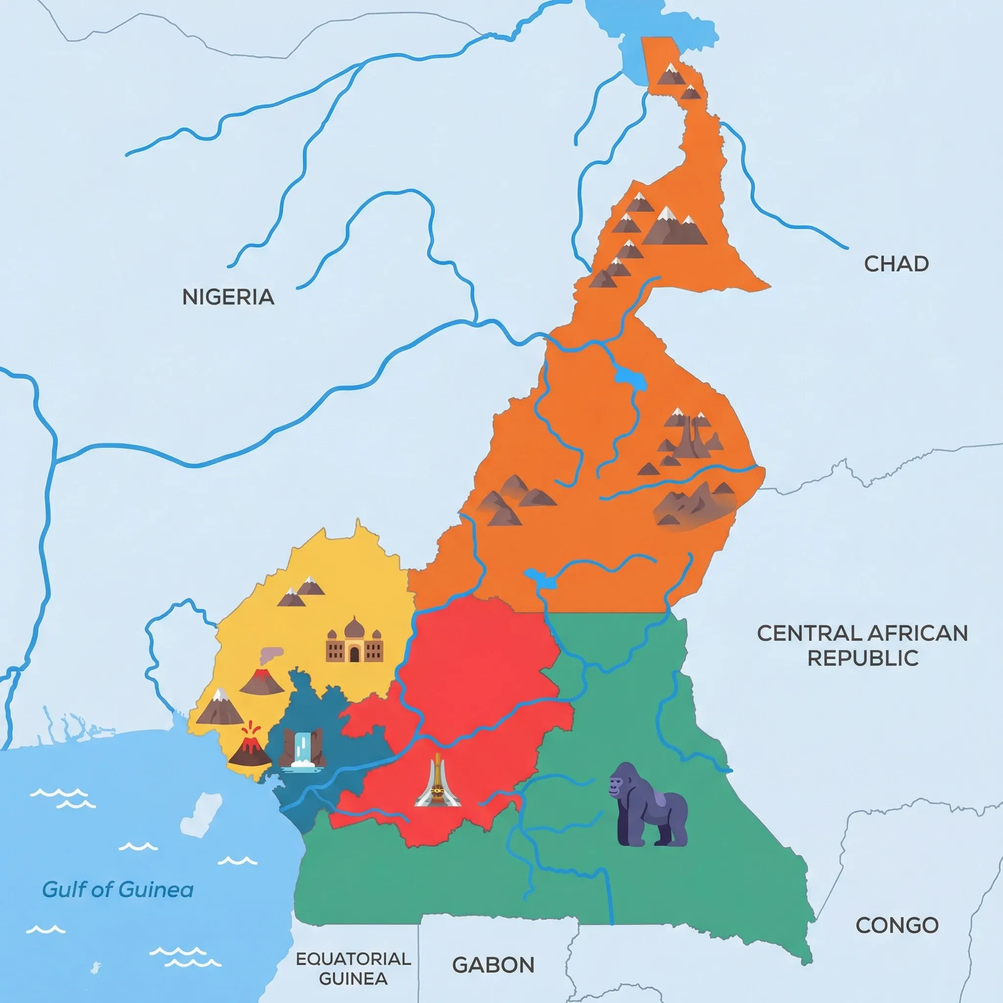 Colourful illustrated map of Cameroon showing 5 tourist regions including Douala & Littoral, Western Highlands, and Yaoundé & Centre, decorated with iconic landmarks like Lobe Waterfalls, Foumban Royal Palace, Reunification Monument, Western Lowland Gorilla, and Rhumsiki Peaks, with geographic features including Mount Cameroon, Sanaga River, Lake Chad, and Mandara Mountains.