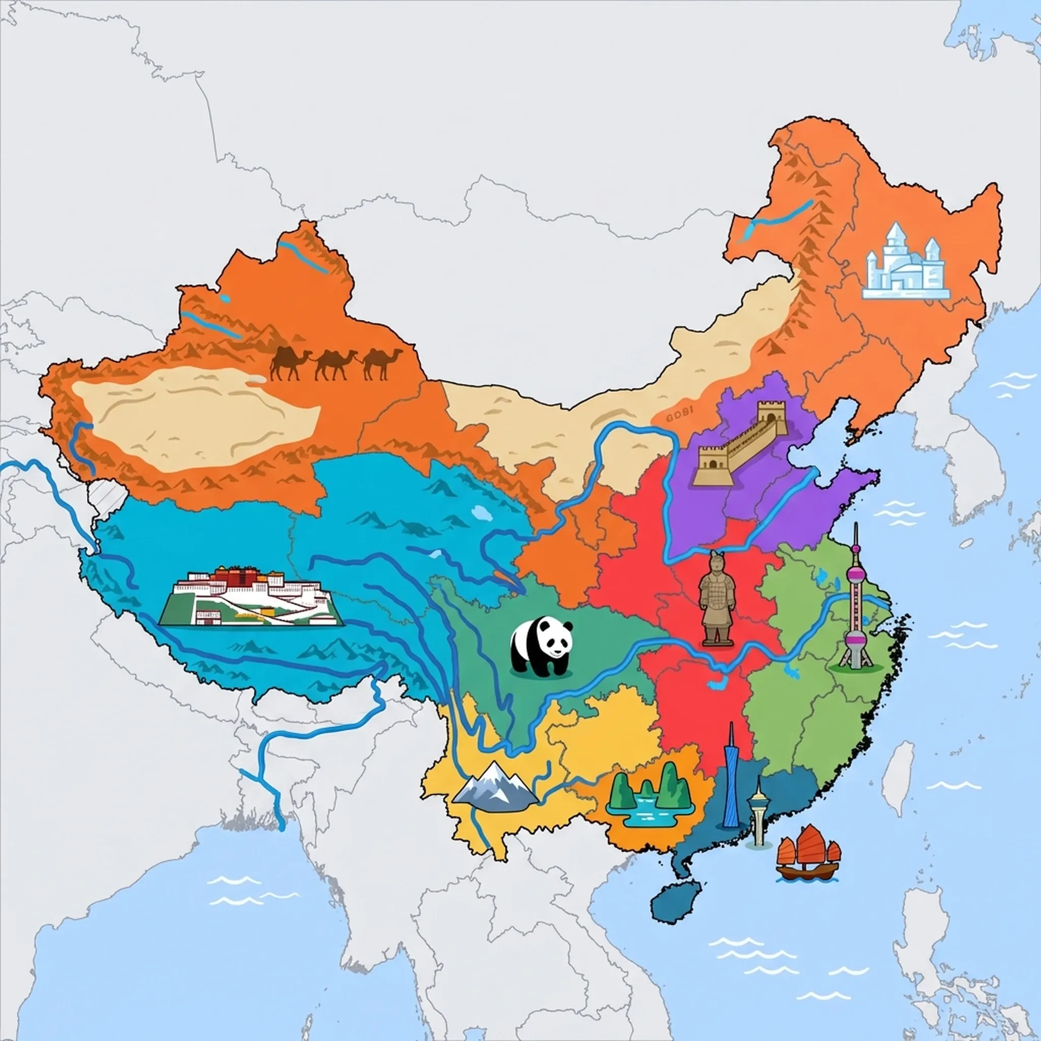 Colourful illustrated map of China showing 12 tourist regions including Guangxi Karst & Southern Hills, Sichuan Basin & Upper Yangtze, and Macau SAR, decorated with iconic landmarks like Li River Karst Peaks, Giant Panda, Macau Tower, Potala Palace, and Great Wall of China, with geographic features including Yangtze River, Yellow River, Himalayas, and Gobi Desert.