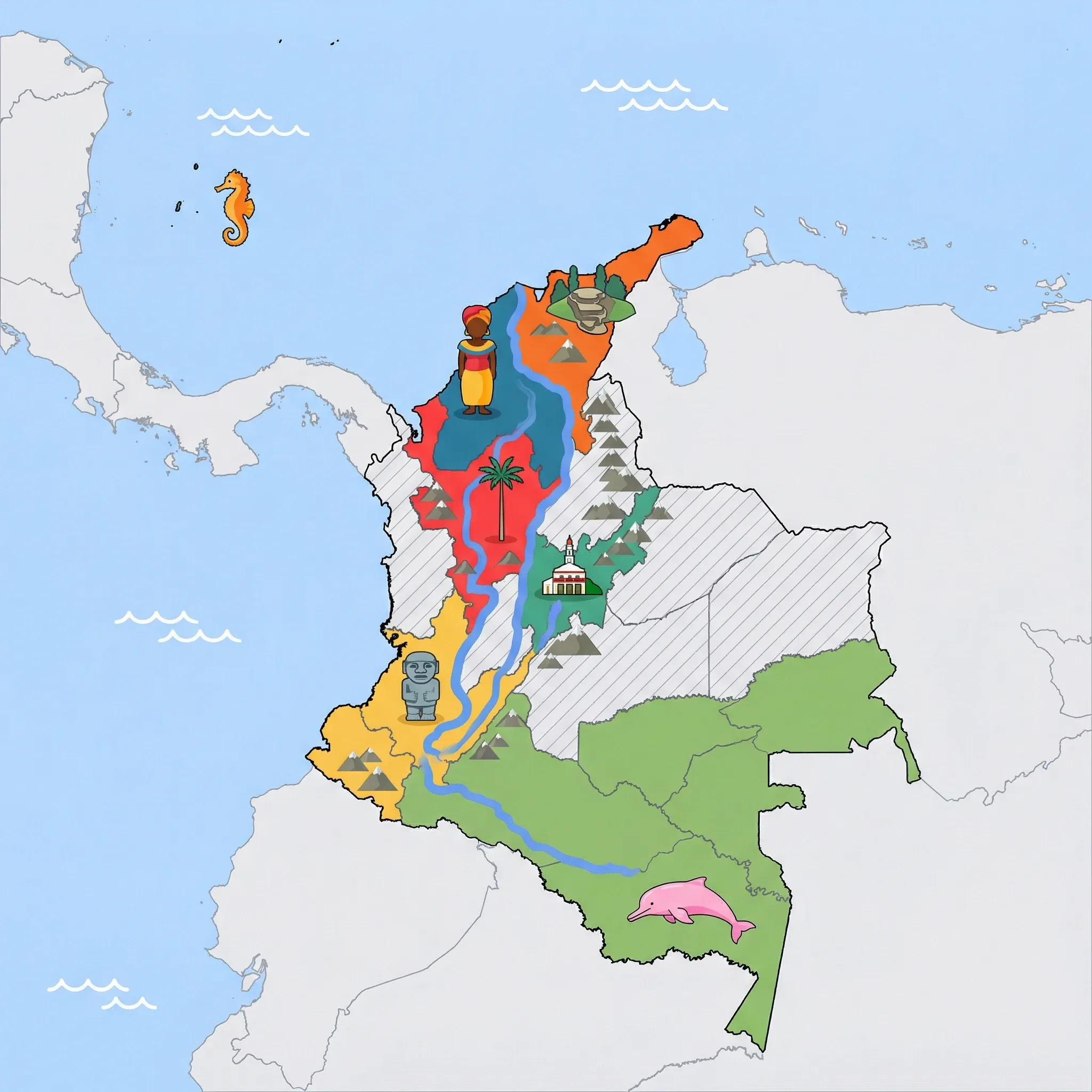 Colourful illustrated map of Colombia showing 7 tourist regions including Cali & Southwest, Cartagena & Caribbean Coast, and Medellín & Coffee Region, decorated with iconic landmarks like San Agustín Stone Statue, Palenquera Woman, Quindío Wax Palm, Seahorse, and Monserrate Sanctuary, with geographic features including Andes Mountains, Amazon River, Magdalena River, and Sierra Nevada de Santa Marta.