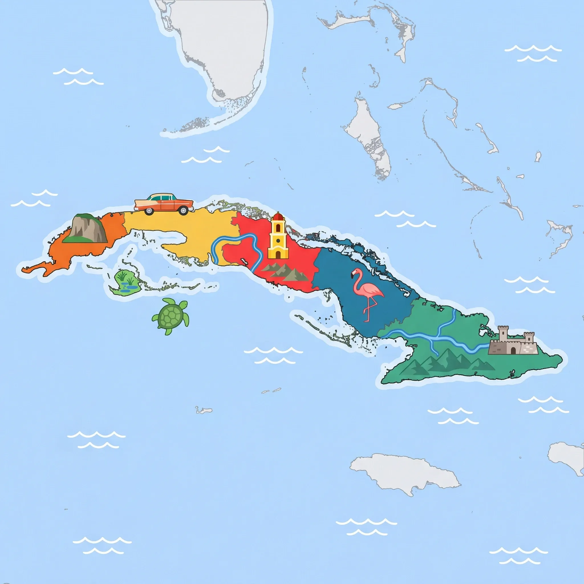 Colourful illustrated map of Cuba showing 6 tourist regions including Pinar del Río & Tobacco Country, Island Cuba & Offshore Cays, and Eastern Cuba & Sierra Maestra, decorated with iconic landmarks like Limestone Mogote Mountain, Green Sea Turtle, San Pedro de la Roca Castle, Yellow Colonial Belltower, and Pink Flamingo, with geographic features including Sierra Maestra, Viñales Valley, Escambray Mountains, and Zapata Swamp.