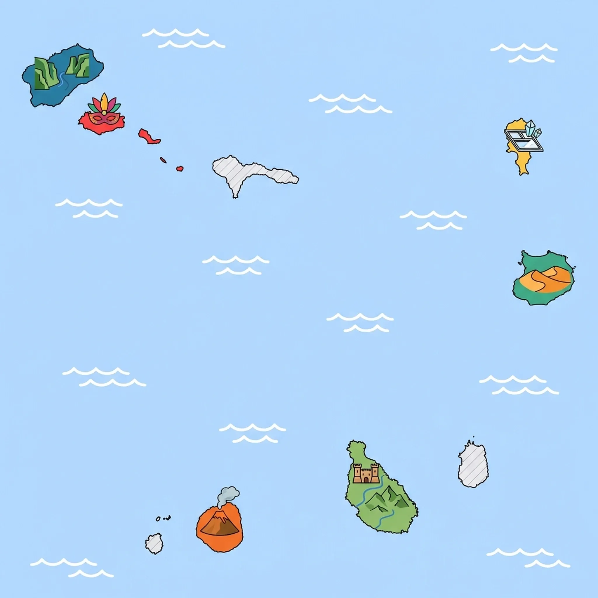 Colourful illustrated map of Cape Verde showing 6 tourist regions including Boa Vista, Sal, and Santo Antão, decorated with iconic landmarks like Sand Dunes, Salt Pans, Deep Green Canyons, Carnival Mask, and Active Volcano, with geographic features including Pico do Fogo, Deserto de Viana, Serra Malagueta, and Paul Valley.