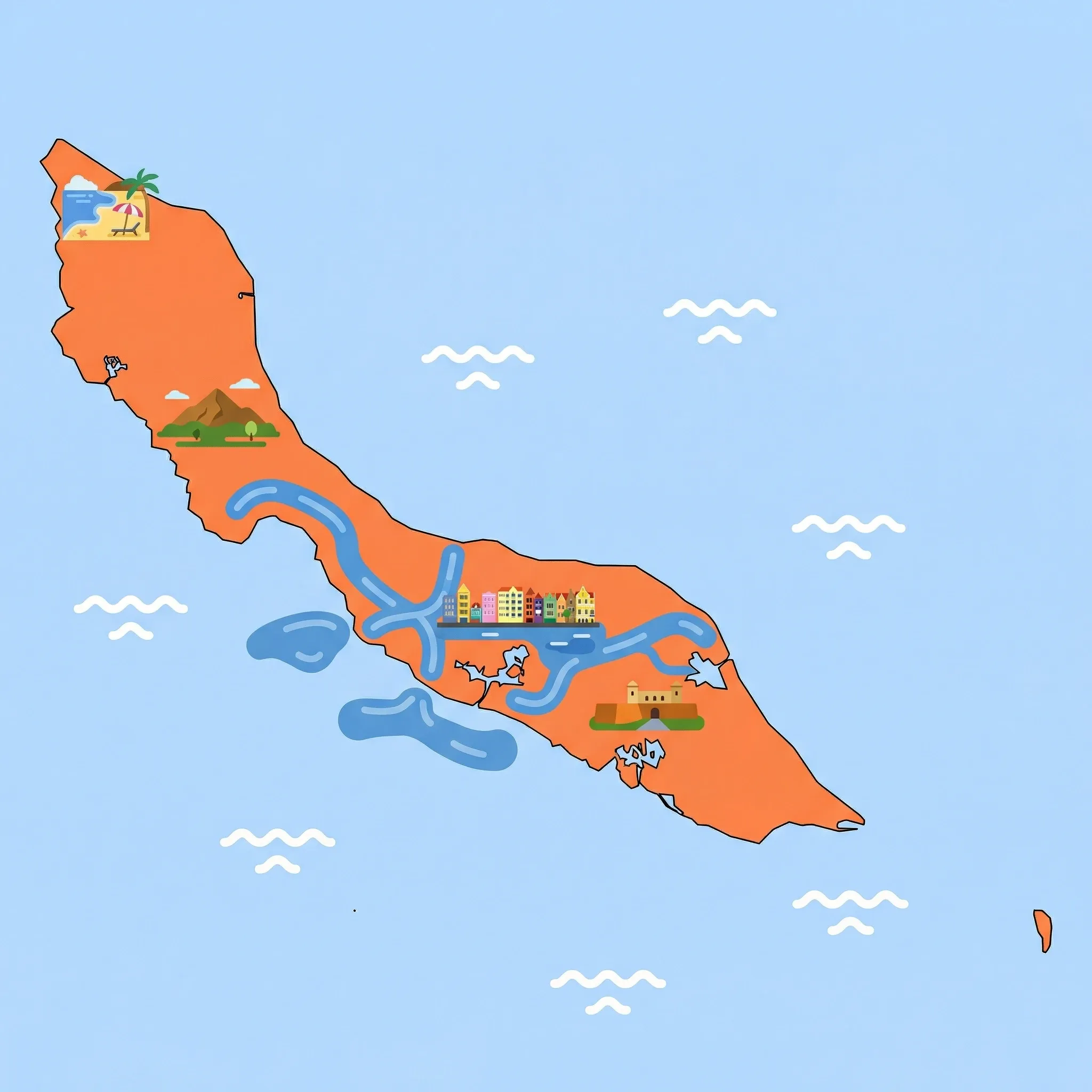 Colourful illustrated map of Curaçao showing 1 tourist regions including Curaçao, decorated with iconic landmarks like Cas Abao Beach, Christoffel National Park, Willemstad Historic Area and Harbour, and Fort Amsterdam, with geographic features including Christoffelberg, Spanish Water, Klein Curaçao, and Caribbean Sea.