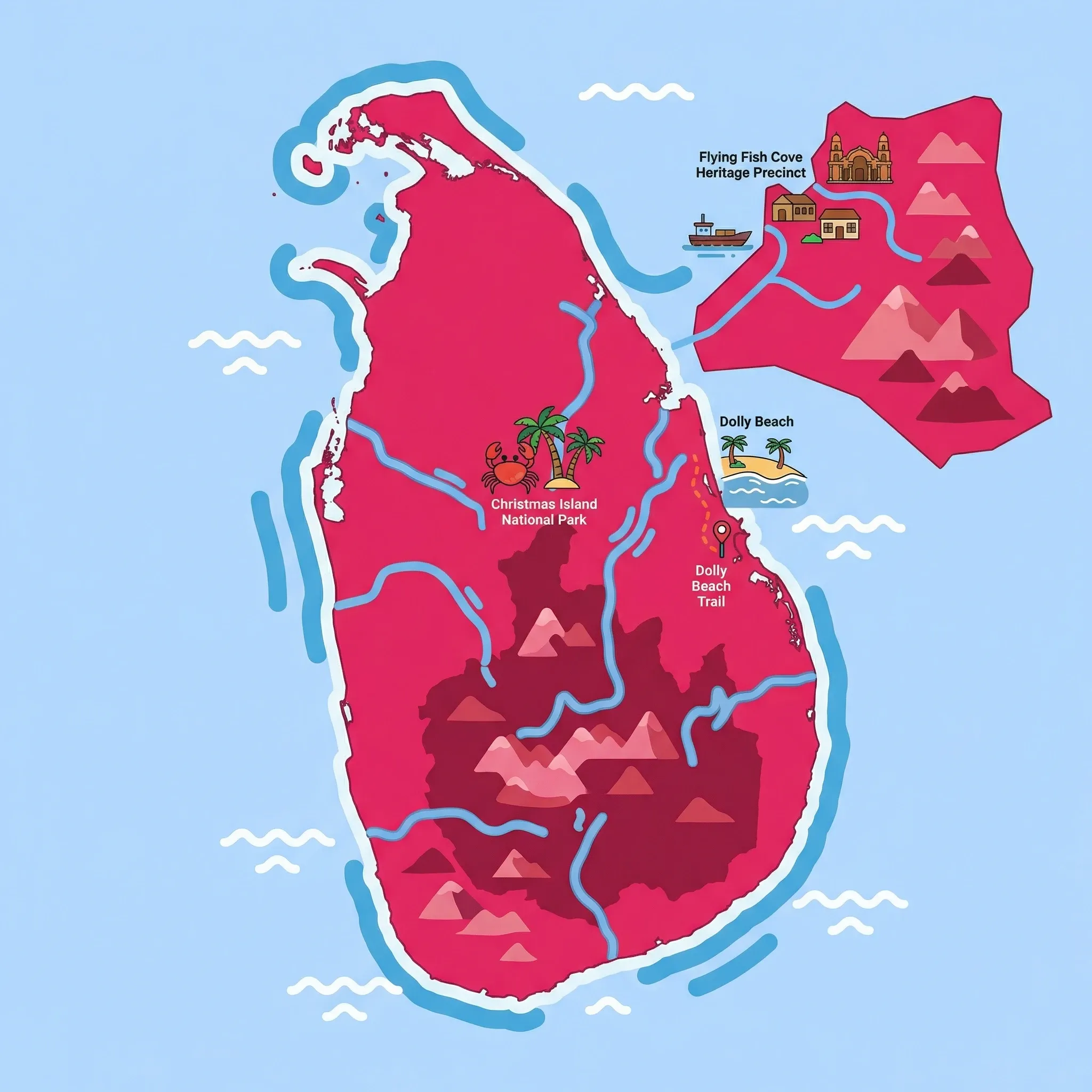 Colourful illustrated map of Christmas Island showing 1 tourist regions including Christmas Island, decorated with iconic landmarks like Christmas Island National Park, Dolly Beach, Dolly Beach Trail, and Flying Fish Cove Heritage Precinct, with geographic features including Flying Fish Cove, Christmas Island National Park, The Dales, and Dolly Beach.