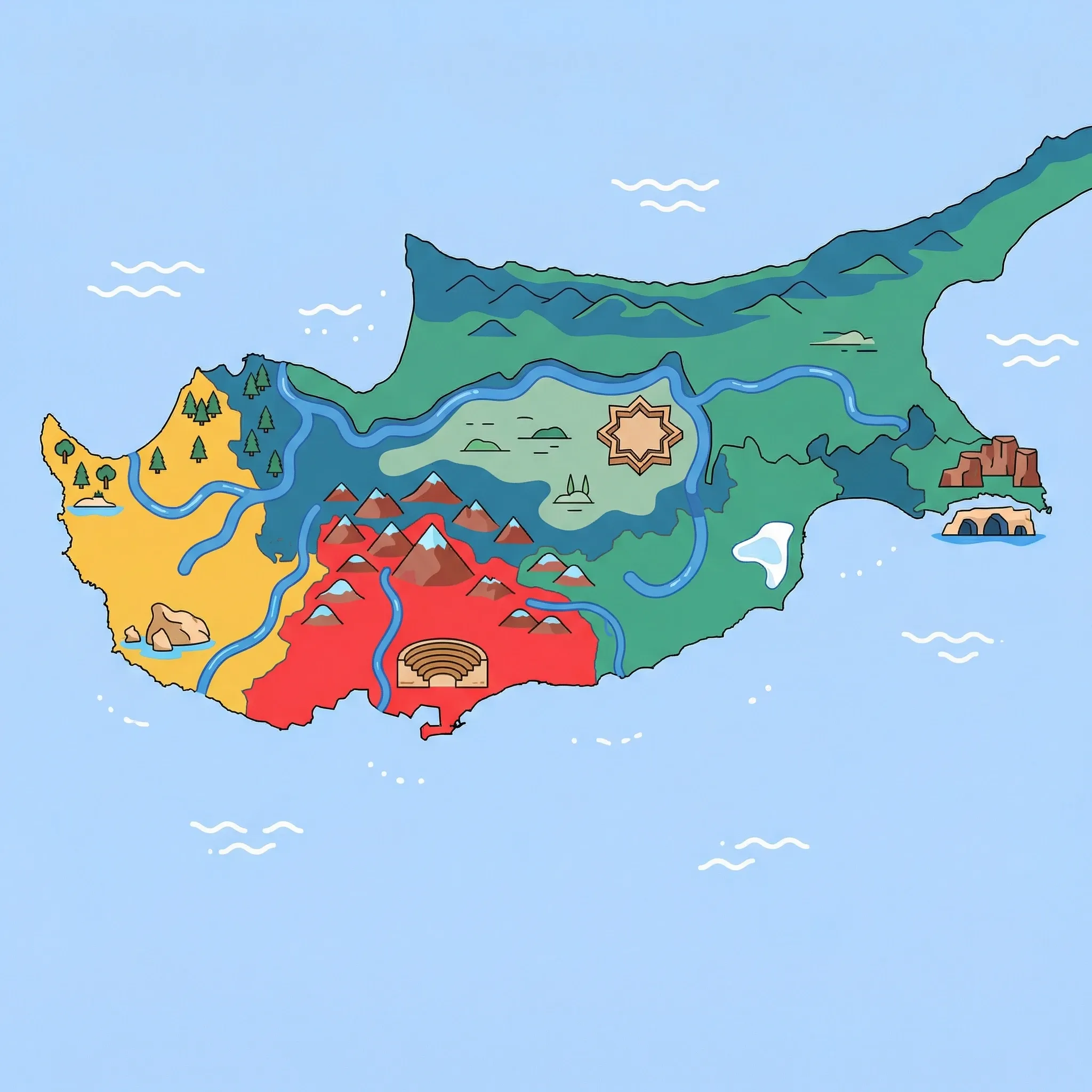 Colourful illustrated map of Cyprus showing 4 tourist regions including Paphos & West, Limassol & South, and Nicosia & Interior, decorated with iconic landmarks like Aphrodite's Rock, Ancient Kourion Theater, Star-Shaped Venetian Walls, and Sea Caves of Cape Greco, with geographic features including Troodos Mountains, Kyrenia Mountains, Mount Olympus, and Akamas Peninsula.