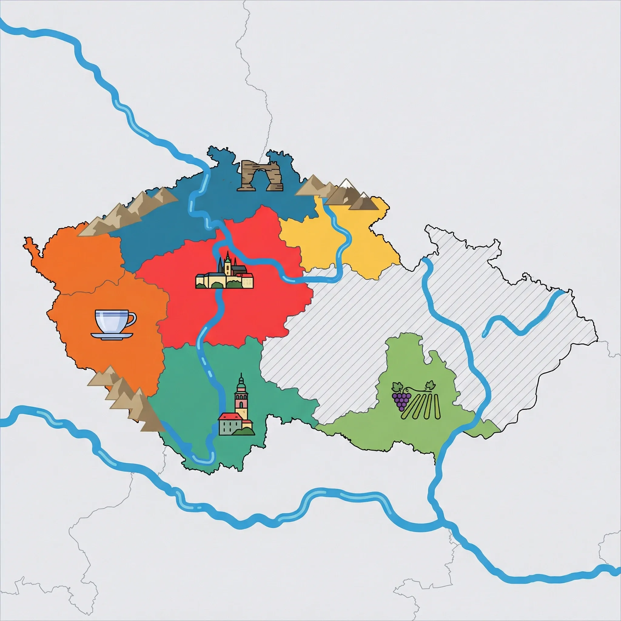 Colourful illustrated map of Czech Republic showing 6 tourist regions including South Moravia (Pálava & Karst), Prague & Central Bohemia, and East Bohemia (Krkonoše Mountains), decorated with iconic landmarks like Wine Vineyards, Prague Castle, Sněžka Mountain Peak, Porcelain Spa Cup, and Český Krumlov Castle Tower, with geographic features including Vltava River, Labe River, Krkonoše Mountains, and Šumava Forest.