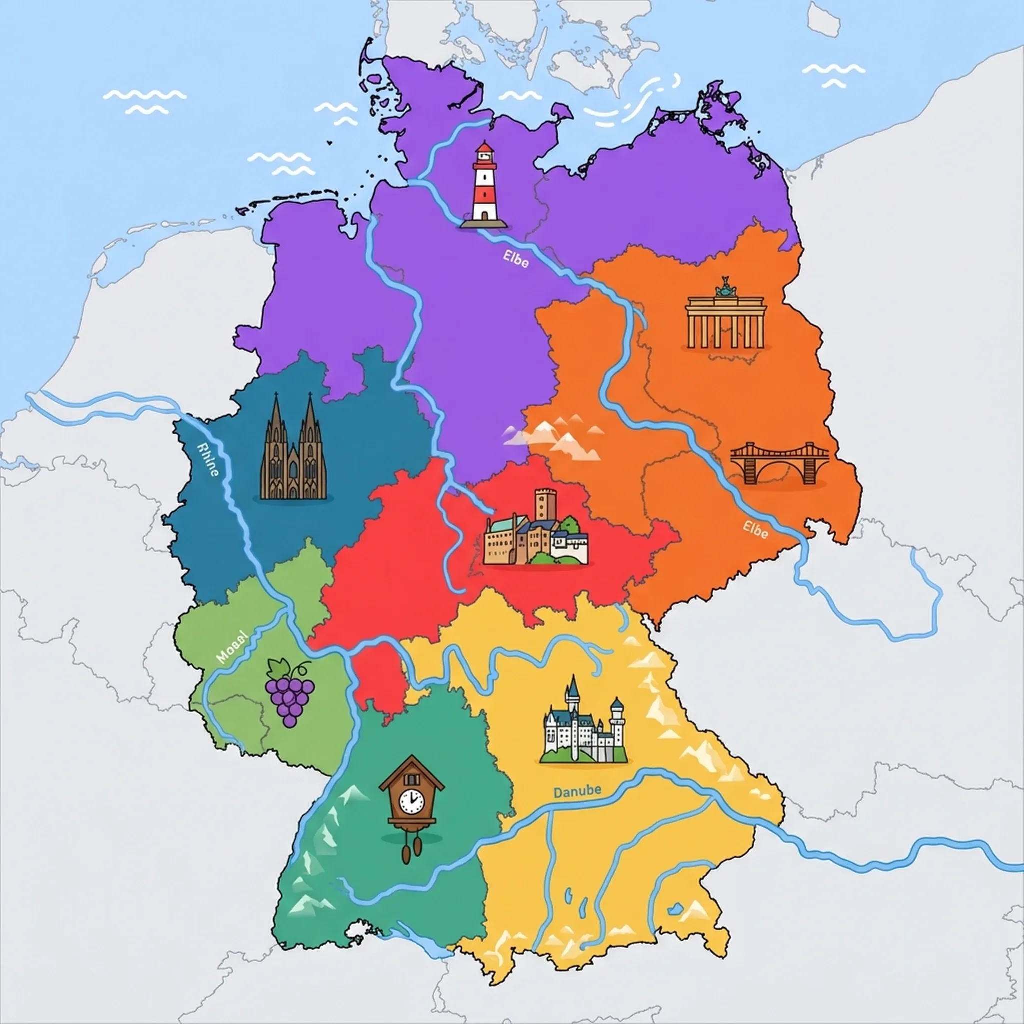 Colourful illustrated map of Germany showing 8 tourist regions including Baden-Württemberg, Bavaria, and Berlin, decorated with iconic landmarks like Cuckoo Clock, Neuschwanstein Castle, Brandenburg Gate, Cologne Cathedral, and Bastei Bridge, with geographic features including Rhine River, Danube River, Bavarian Alps, and Black Forest.